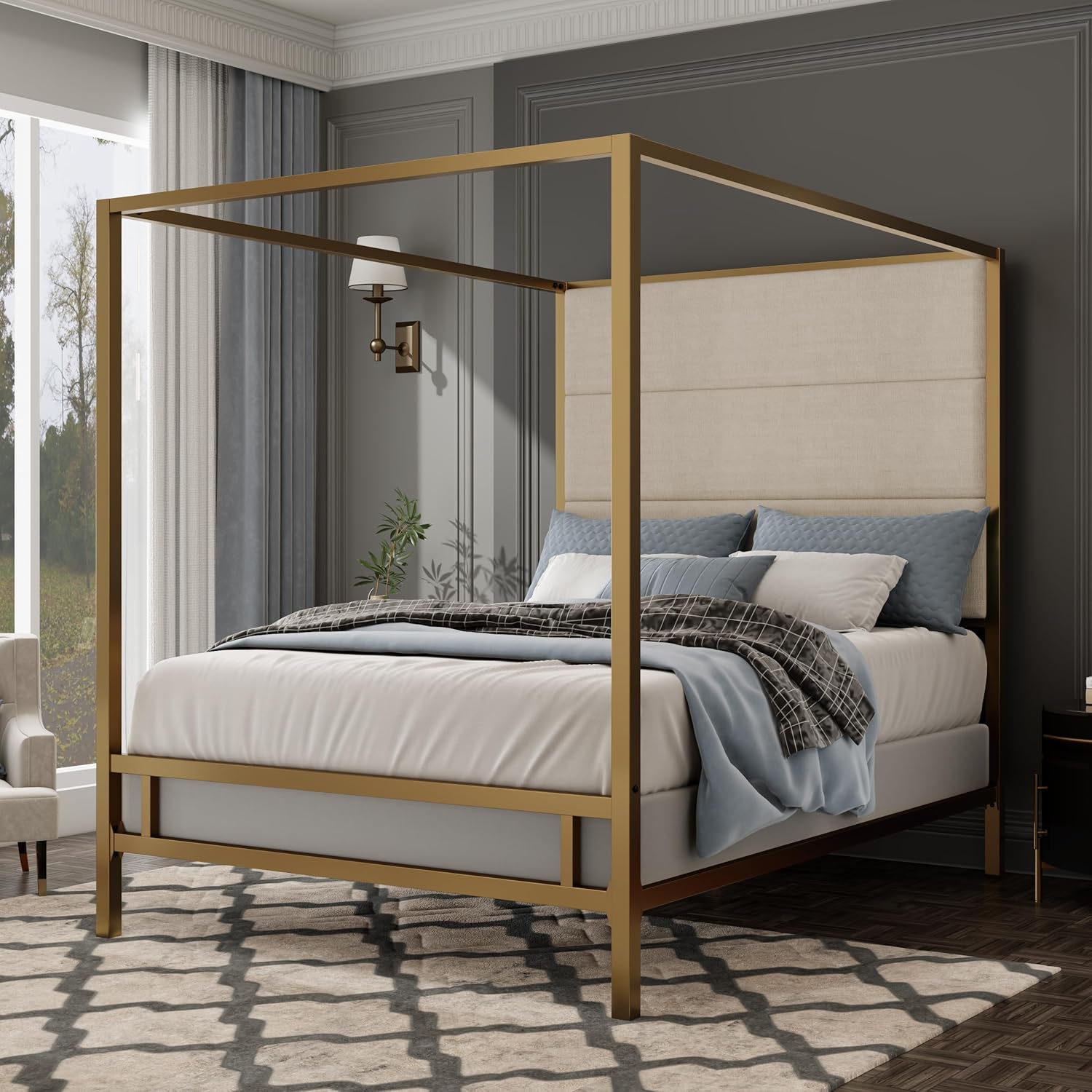 Merax King Size Gold Metal Canopy Bed Frame, Modern Upholstered Linen Headboard with Tall Back Support, 800 lbs Weight Capacity, Luxurious 4-Poster Bedroom Furniture for Modern Home, Gold+Tan