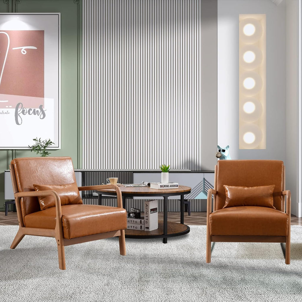 ANJ Mid Century Modern Accent Chairs Set of 2, PU Leather Reading Chair with Solid Wood Frame, Easy Assembly Armchair for Living Room