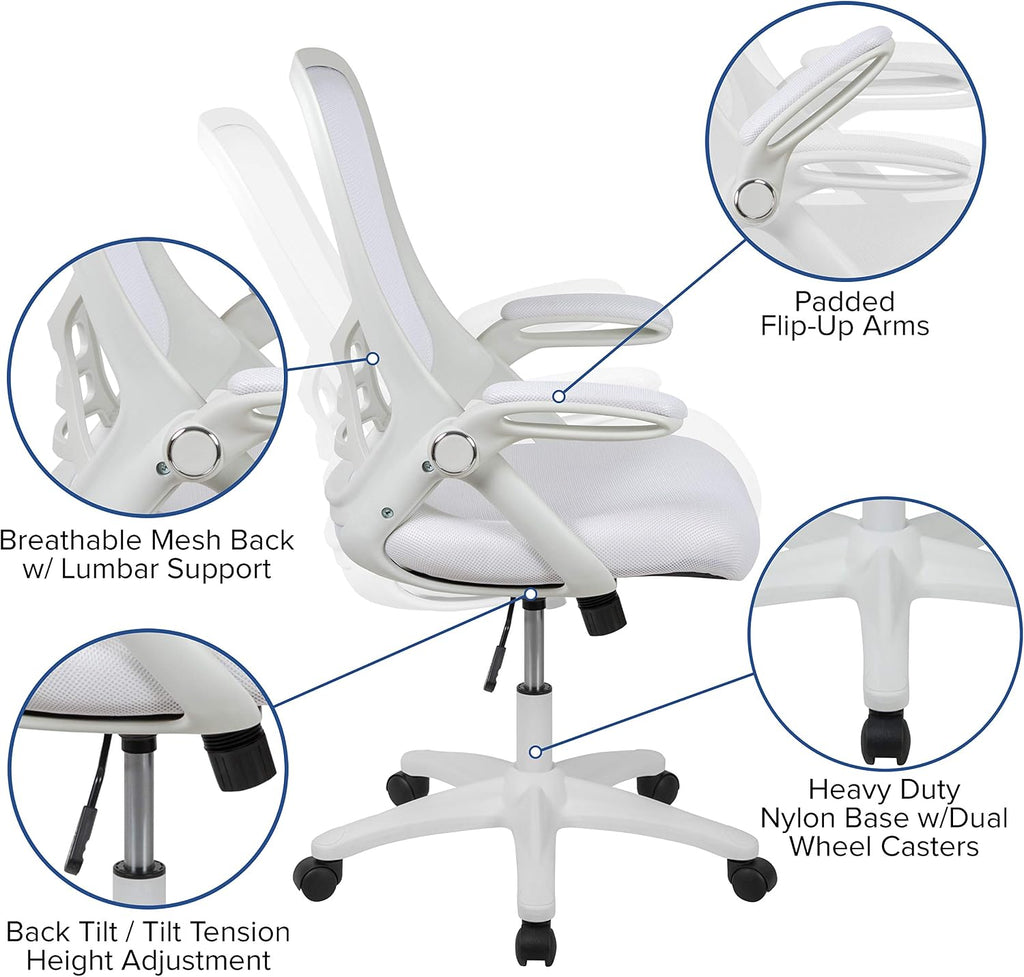 Flash Furniture Porter High-Back Swivel Office Chair with Adjustable Lumbar Support and Height, Ergonomic Mesh Desk Chair with Flip-Up Armrests, White