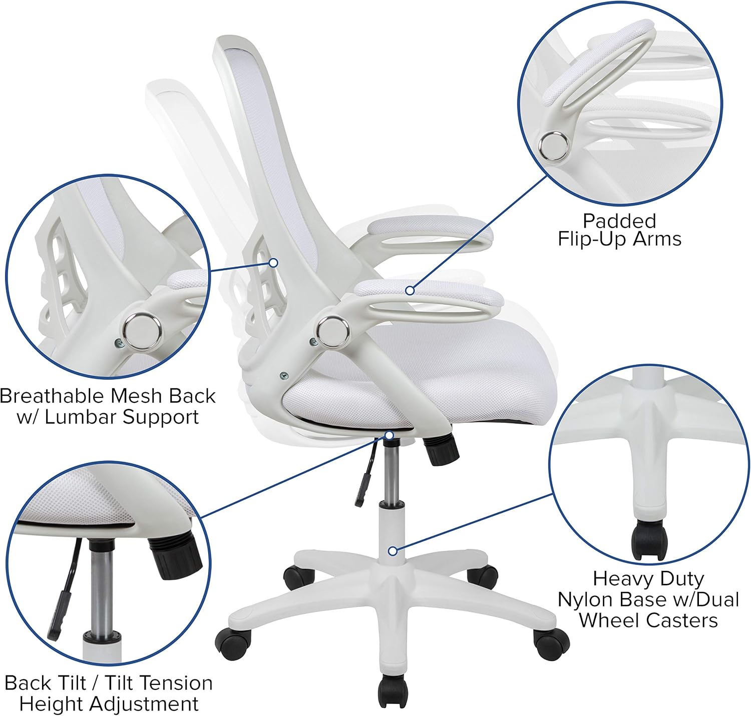 Flash Furniture Porter High-Back Swivel Office Chair with Adjustable Lumbar Support and Height, Ergonomic Mesh Desk Chair with Flip-Up Armrests, White