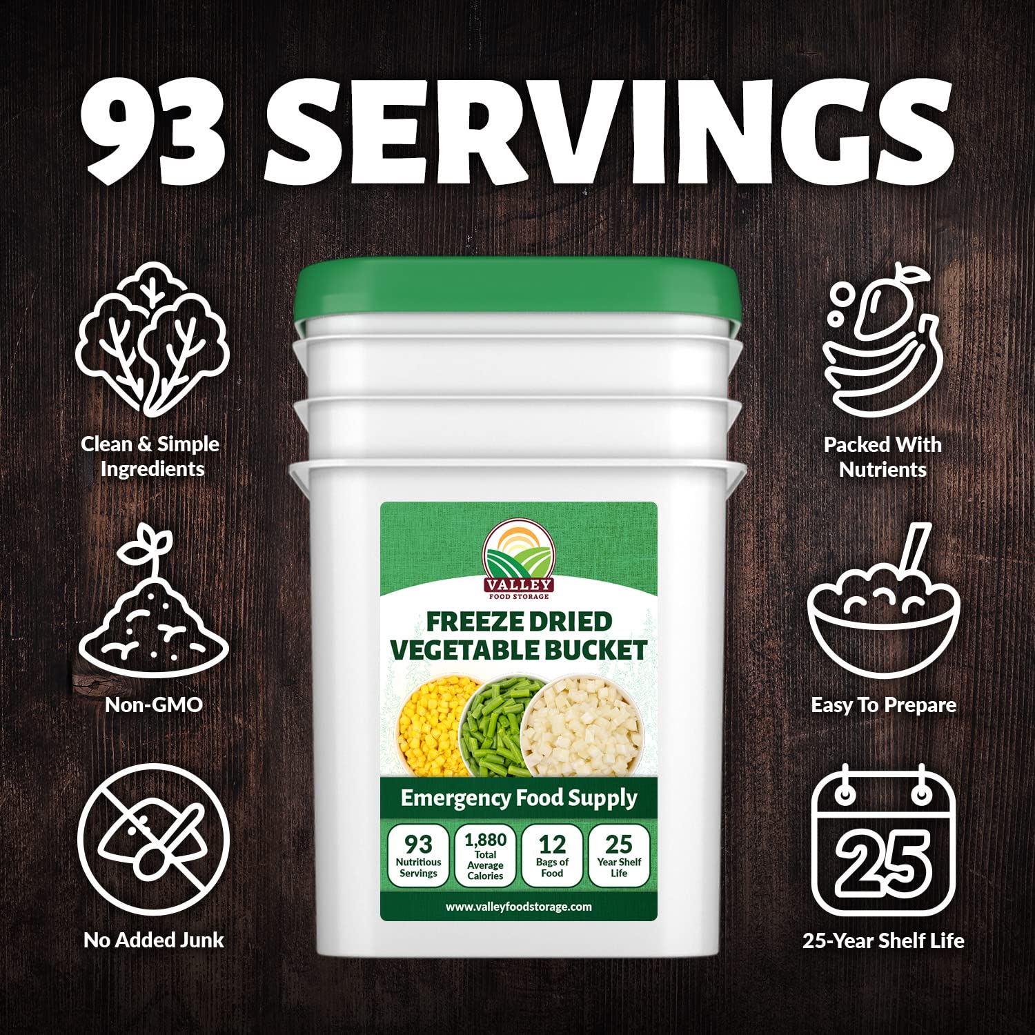 Valley Food Storage Freeze Dried Vegetable Bucket | 12 Pouches, Mixed Vegetables | Premium Emergency Food Supply, 25 Year Shelf Life | Survival Food for Camping, Prepper Storage & Off-Grid Living