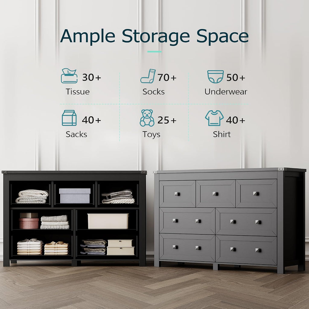 7 Drawer Dresser for Bedroom, Farmhouse Wood Chest of Drawers, Wide TV Stand Closet Storage Furniture with Metal Handle, Modern Wooden Clothes Organizer for Hallway, Living Room, Entryway, Black