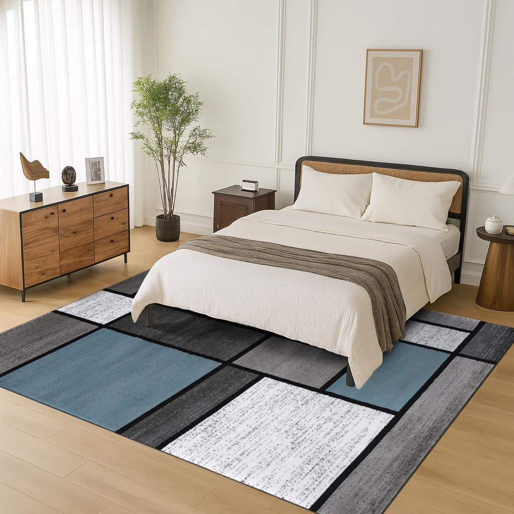 Rugshop Modern Geometric Blocks Area Rug, Non-Shedding Carpet with Abstract Patchwork Design for Living Room Bedroom or Home Office Blue Gray 6'6' x 9'