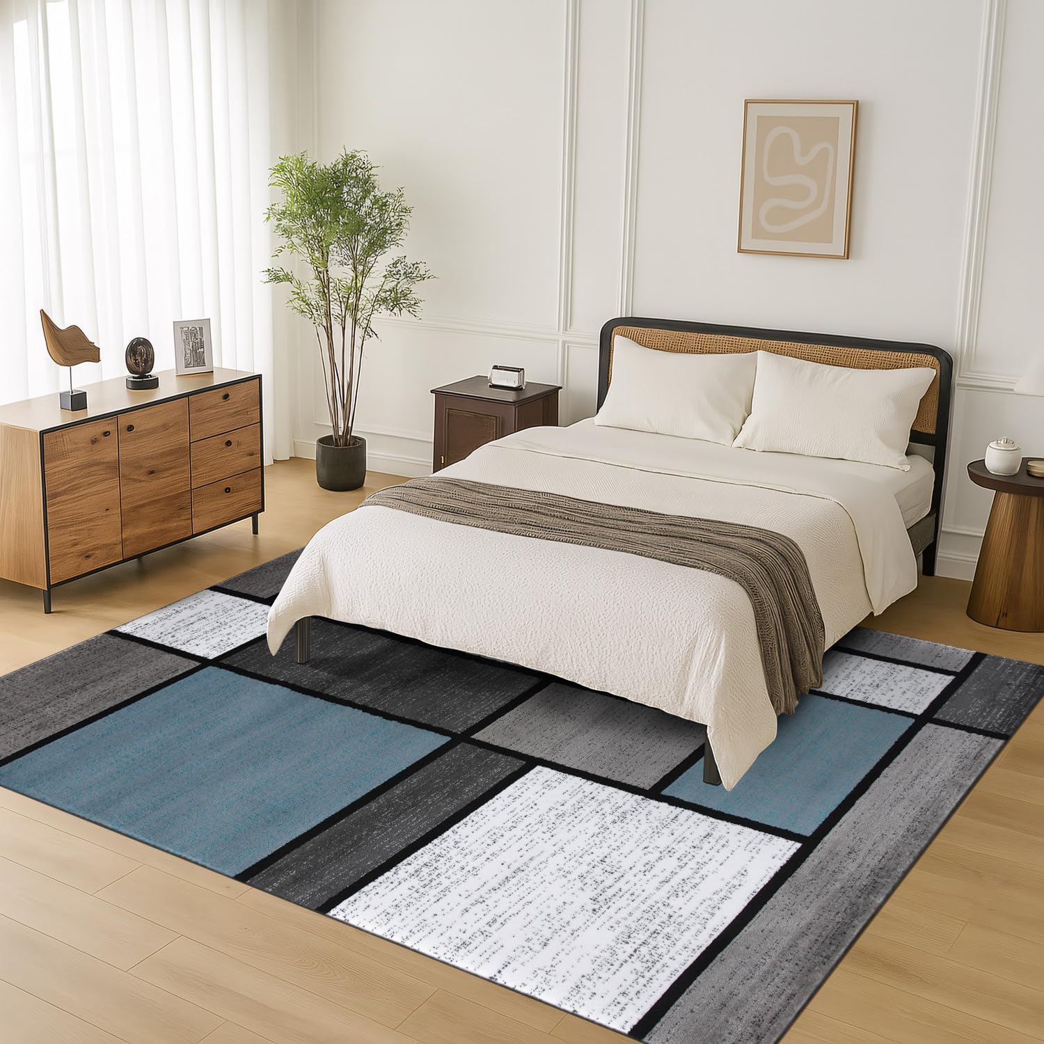 Rugshop Modern Geometric Blocks Area Rug, Non-Shedding Carpet with Abstract Patchwork Design for Living Room Bedroom or Home Office Blue Gray 6'6' x 9'