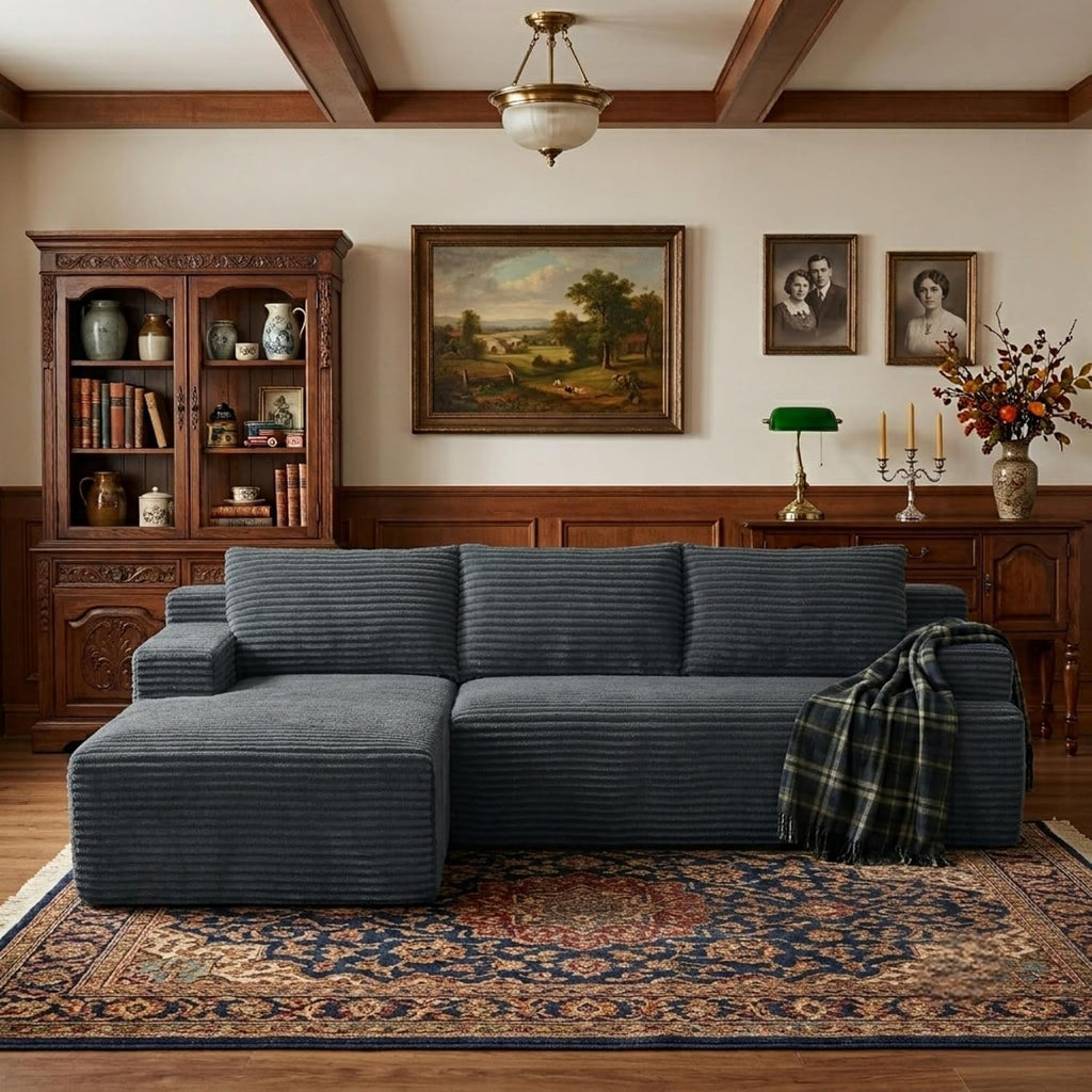 96' Corduroy Sectional Sofa Boneless Couches for Living Room - L Shaped Compressed Cloud Couch with Left Facing Chaise Lounge and Side Pockets