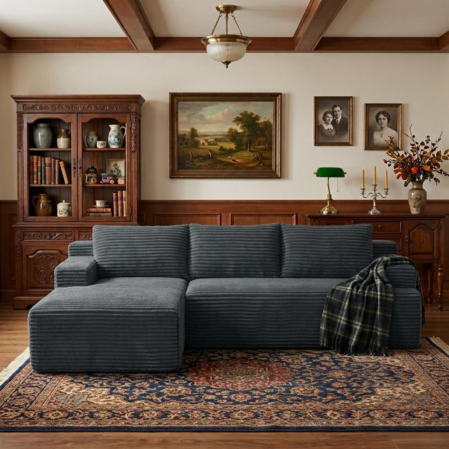 96' Corduroy Sectional Sofa Boneless Couches for Living Room - L Shaped Compressed Cloud Couch with Left Facing Chaise Lounge and Side Pockets