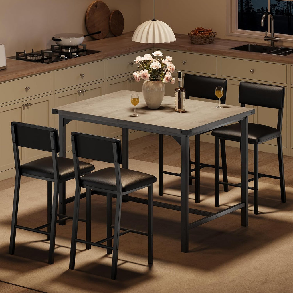 GarveeHome Dining Table Set for 4 with Corner Protector, Kitchen Table Set w/Footrest & Backrest, Counter Height Table with 4 Upholstered Bar Chairs, for Small Space, Retro Gray