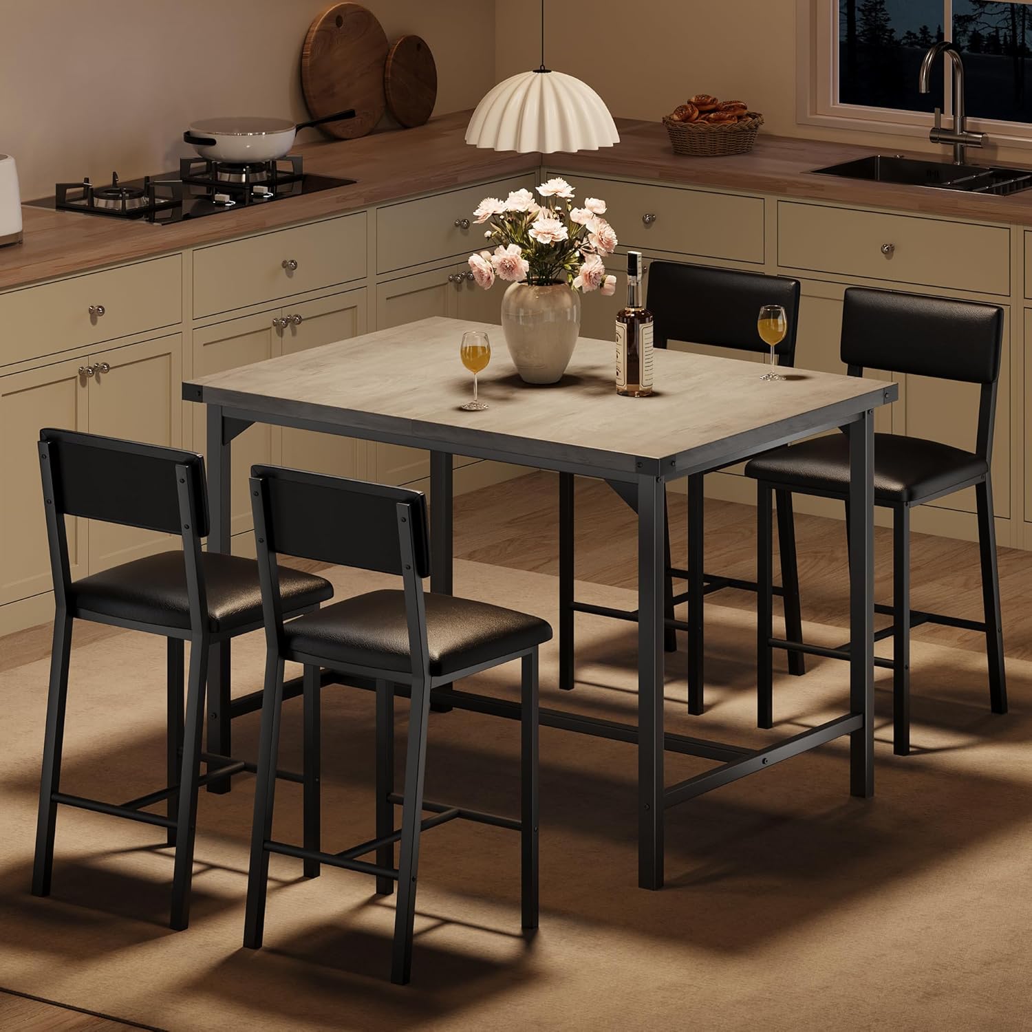 GarveeHome Dining Table Set for 4 with Corner Protector, Kitchen Table Set w/Footrest & Backrest, Counter Height Table with 4 Upholstered Bar Chairs, for Small Space, Retro Gray