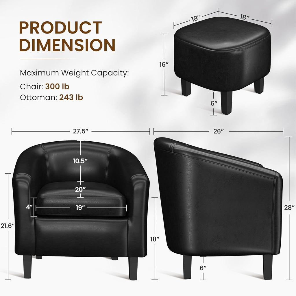 Yaheetech Barrel Chair with Ottoman Set, Faux Leather Accent Chair with Soft Padded and Sturdy Legs for Living Room/Bedroom/Study/Waiting Room, Black