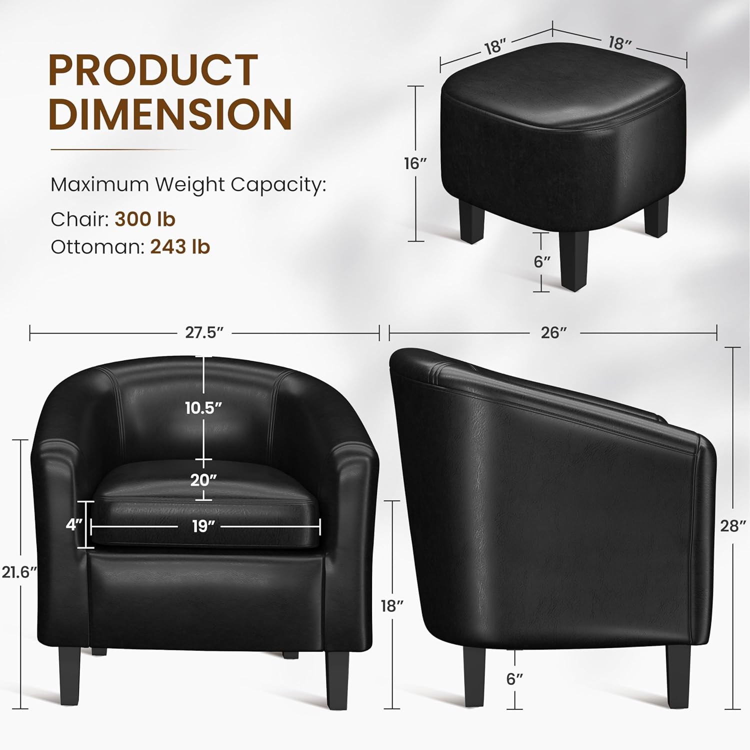 Yaheetech Barrel Chair with Ottoman Set, Faux Leather Accent Chair with Soft Padded and Sturdy Legs for Living Room/Bedroom/Study/Waiting Room, Black