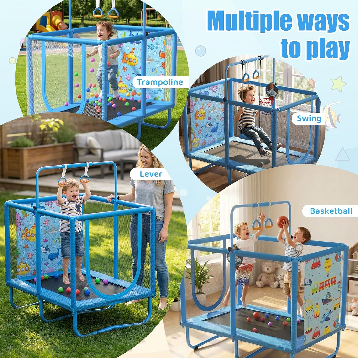 Mini Toddler Indoor Trampoline for Kids, Outdoor Toys Baby Kids Trampoline with Swing, Gymnastics Bar, Birthday Gifts for Boy Girl Age 1-8