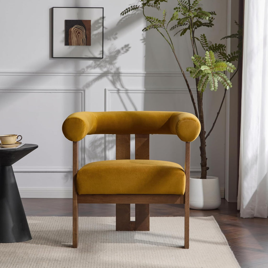 Christopher Knight Home Linton Modern Velvet Upholstered Accent Chair, Living Room Solid Wood Lounge Chair, Bedroom Soft Cushion Comfy Reading Chair, Home Office Sofa Armchair, Mustard Yellow+Brown