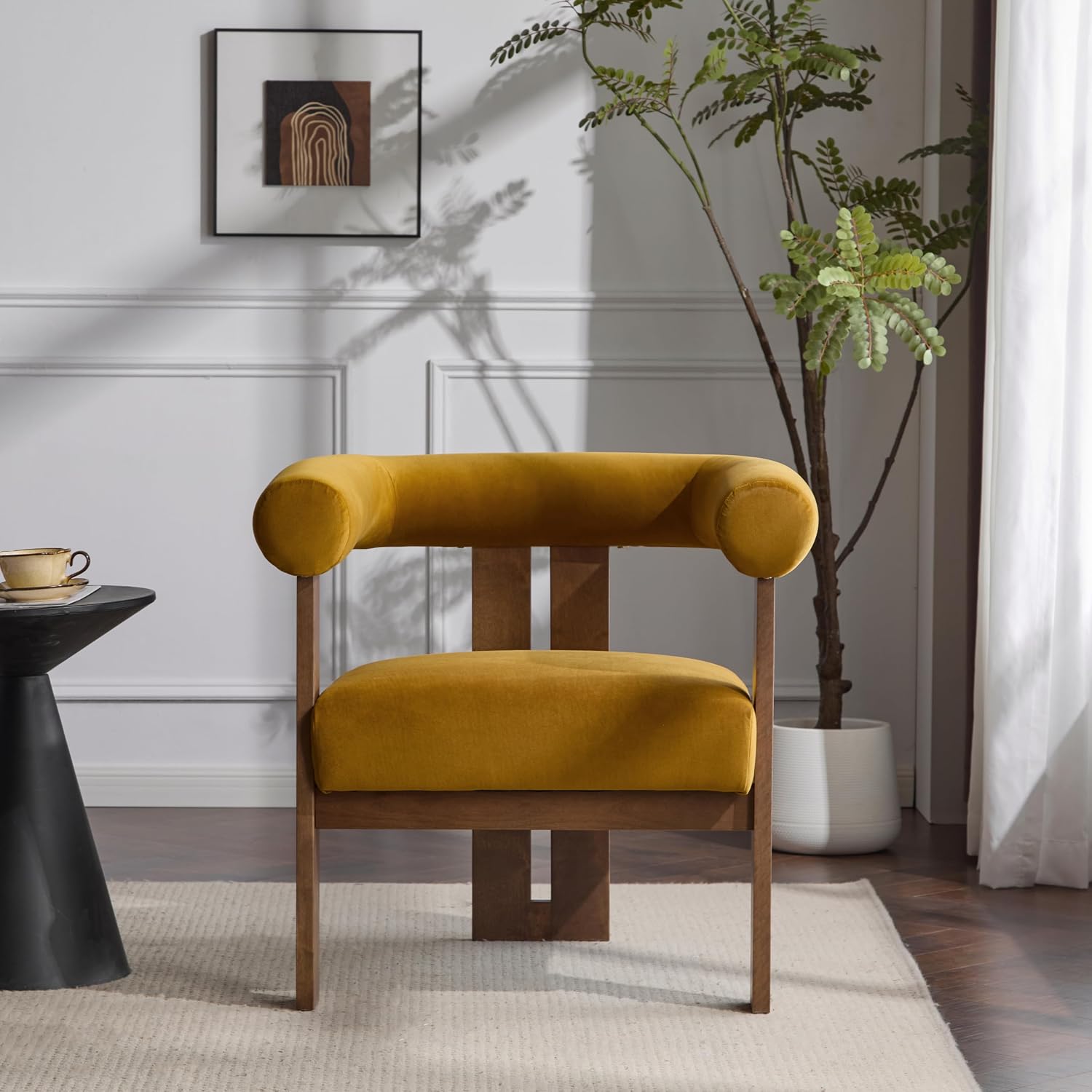 Christopher Knight Home Linton Modern Velvet Upholstered Accent Chair, Living Room Solid Wood Lounge Chair, Bedroom Soft Cushion Comfy Reading Chair, Home Office Sofa Armchair, Mustard Yellow+Brown