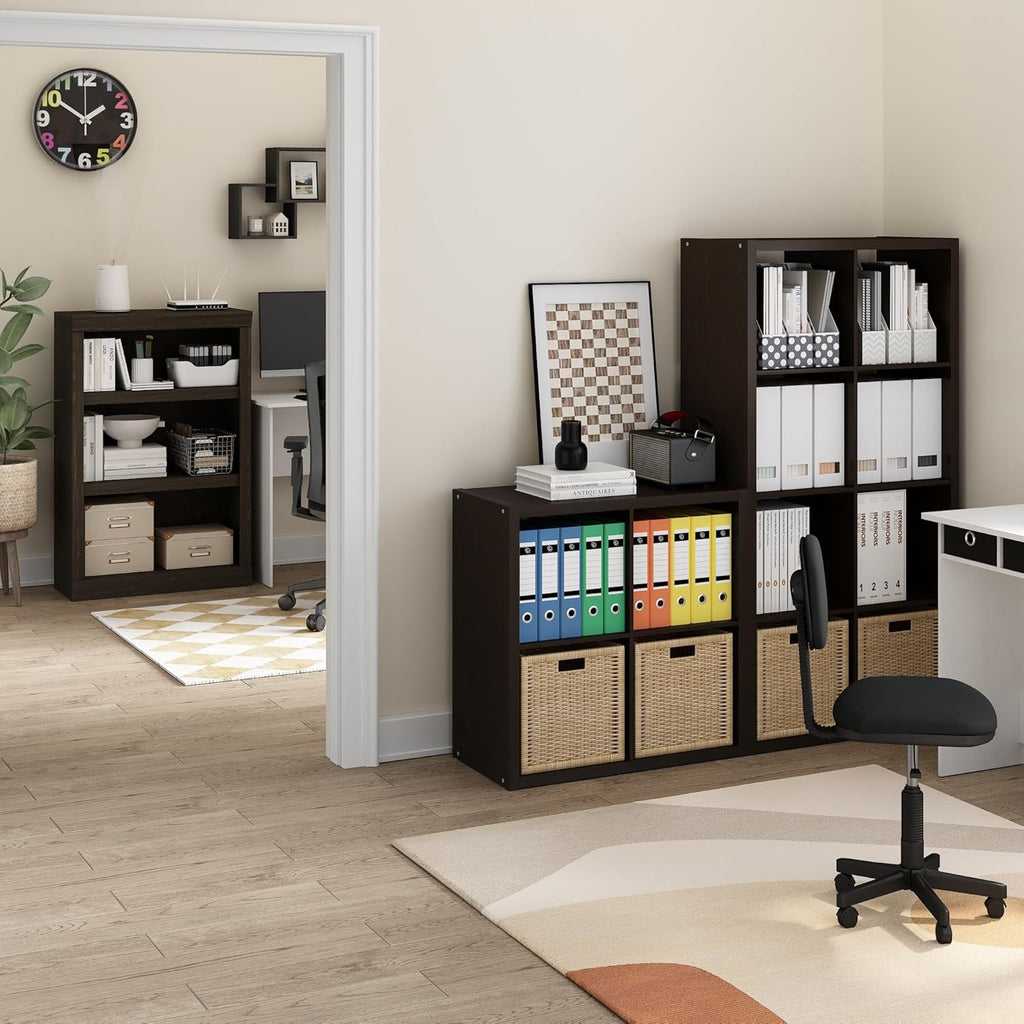 Furinno CUBICLE Book Shelf, 8-Cube Bookshelf, Extra Thick Frame Horizontally & Vertically Reversible Bookcase with Open Back, 14.6' x 30' x 58', for Living Room, Bedroom, Home Office, Black Dark Oak