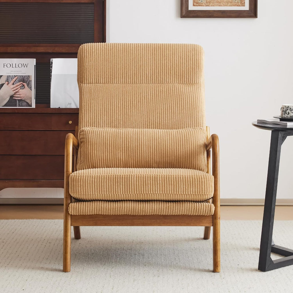 Karl home Mid-Century Modern Accent Chair, Living Room Chairs with Pillow High Back Corduroy Upholstered Lounge Armchair with Solid Wood Frame & Soft Cushion for Bedroom, Reading Room, Khaki