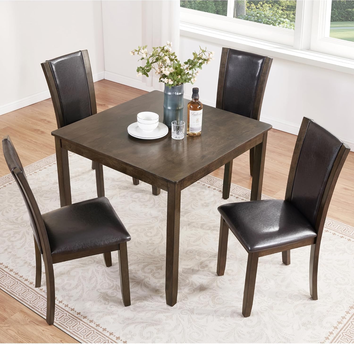 5-Piece Dining Table Set for 4, Kitchen Dining Table with 4 Soft Cushioned Solid Wood Chairs, Ideal for Home or Restaurant Use.(Dark Walnut_Small)