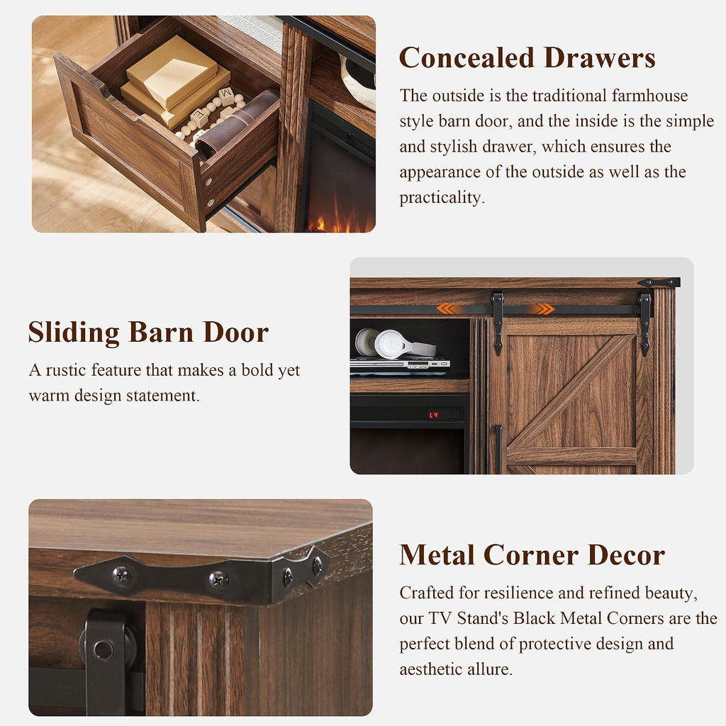 JXQTLINGMU Farmhouse TV Stand for 75+ Inch TV, 32' Tall Entertainment Center w/4 Drawers & Sliding Barn Door, Rustic Media Console w/Storage Shelves, 66' Wood Television Stand for Living Room, Brown