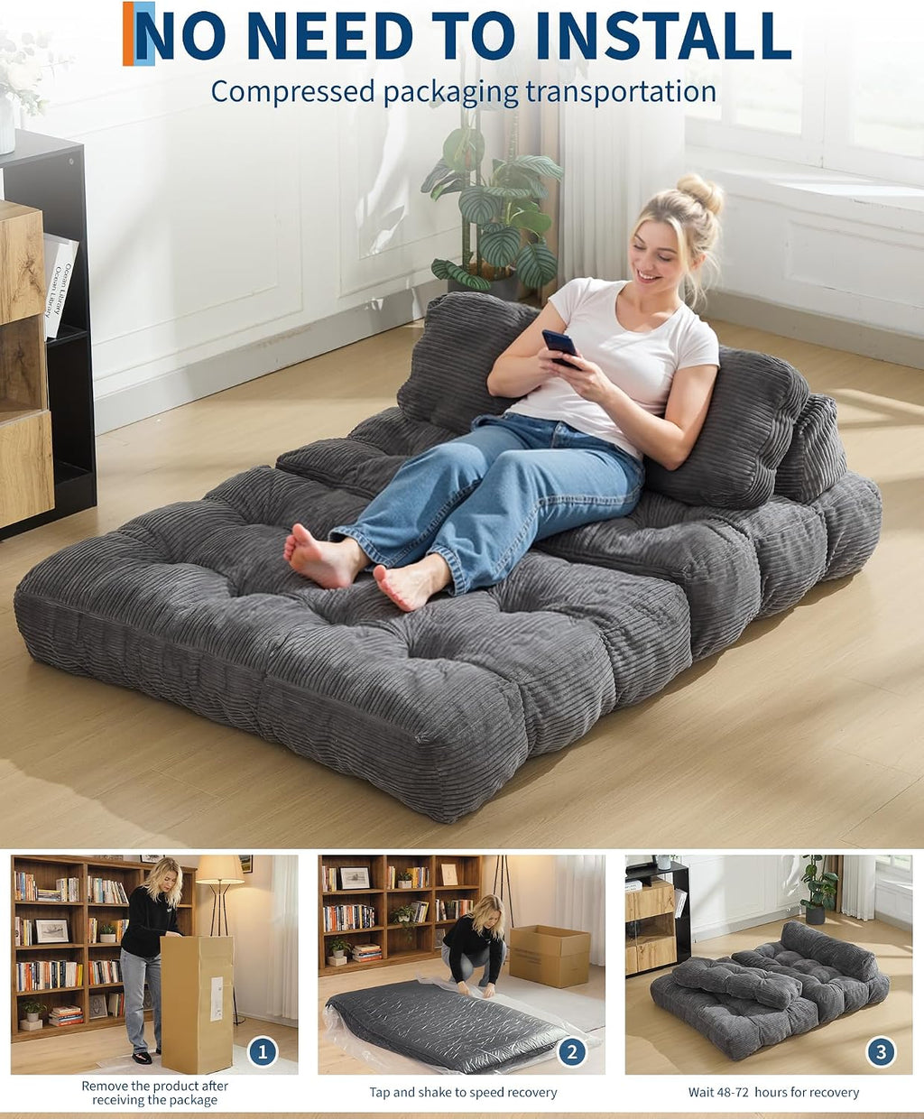 Garvee Folding Sofa Bed, Convertible Sleeper Chair with Pillow Foldable Mattress with Back Support, Boneless Fold Out Chair Bed Comfy Floor Sofa Lounge for Living Room, Bedroom, Dark Gray, Full