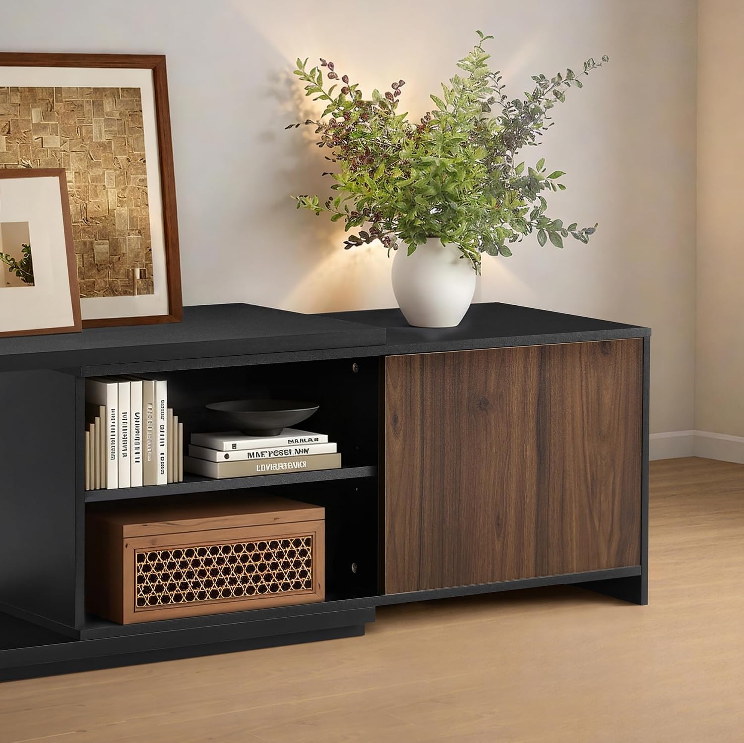 KISLOT Extendable TV Stand for TVs up to 90',Modern Entertainment Center with Adjustable Shelf,Television Stand with 2 Storage Cabinets,Wooden TV Media Console for Living Room Bedroom Black