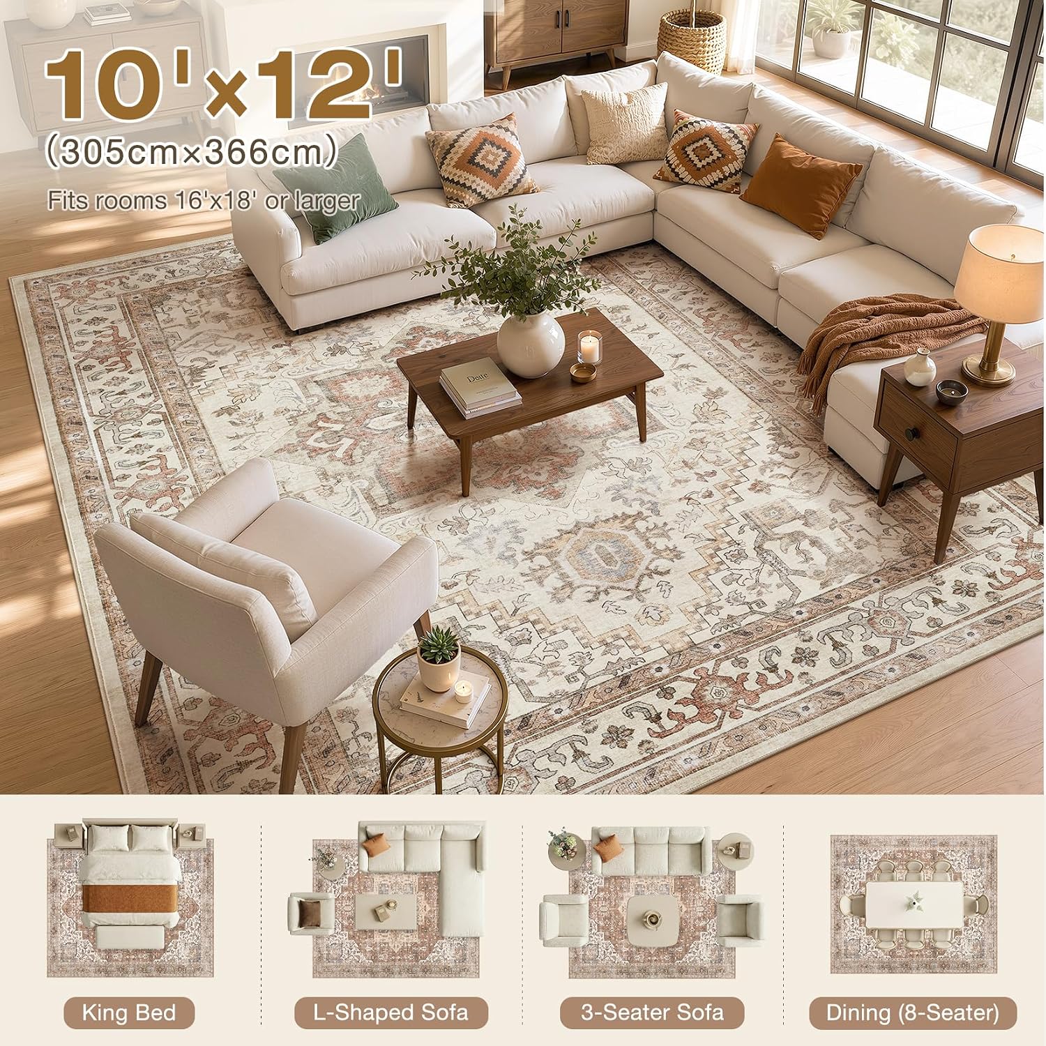 DTICON Washable Rug 10x12 Area Rugs: Boho Vintage Distressed Oriental Medallion Neutral Thin Large Rug Carpet for Living Room Bedroom Dining Room Home Office Decor - Beige