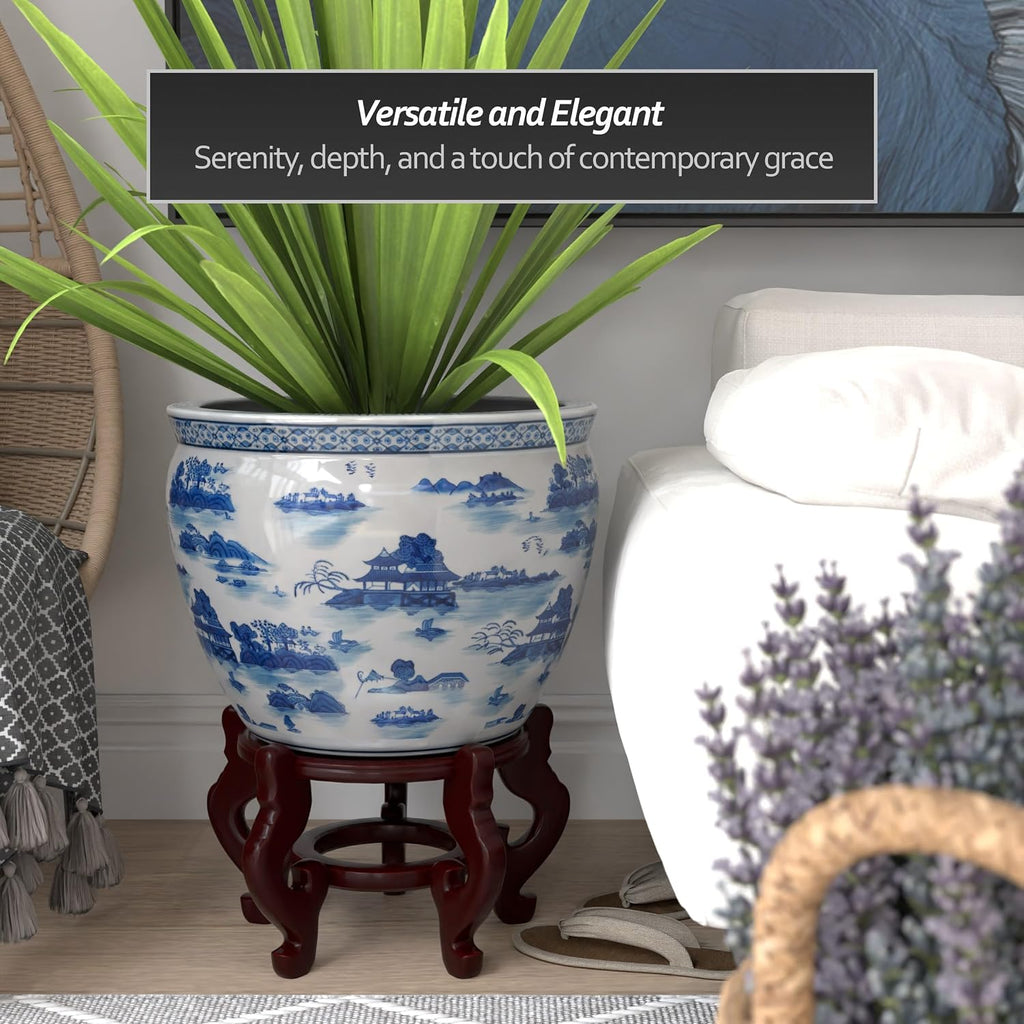 Red Lantern 18' Porcelain Fishbowl Blue & White Landscape Planter
