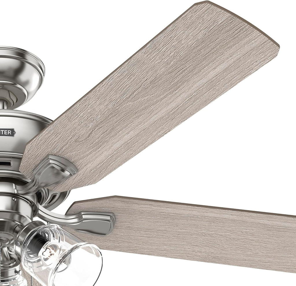 Hunter 52 inch Indoor Ceiling Fan with LED Lights and Pull Chain - Standard Mount Ceiling Fan, 5 Blades, For Bedroom, Living Room, or Kitchen, 3 inch Downrod - Rosner 51596, Brushed Nickel
