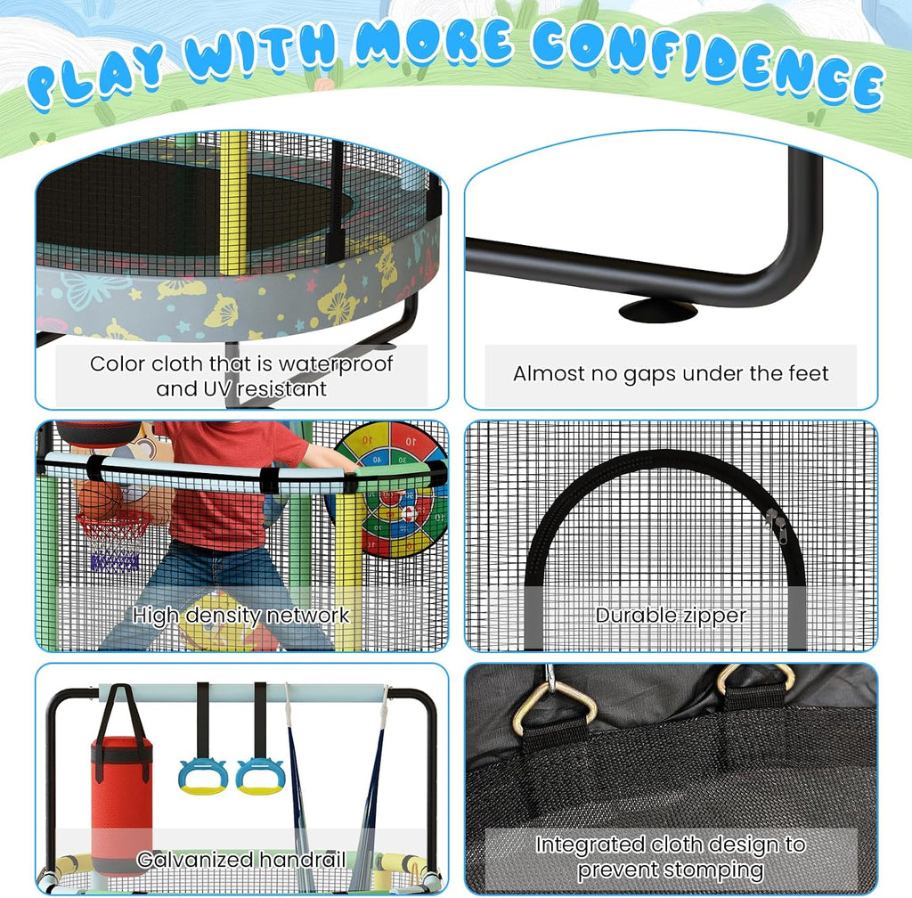 LAMERGE 55' 7-in-1 Round Trampoline for Kids Boys & Girls Ages 1-8, Indoor & Outdoor Trampoline for Fun, Adjustable Height Handrail ＆ Enclosed Safety Net ＆ Durable Designs for Toddlers Children