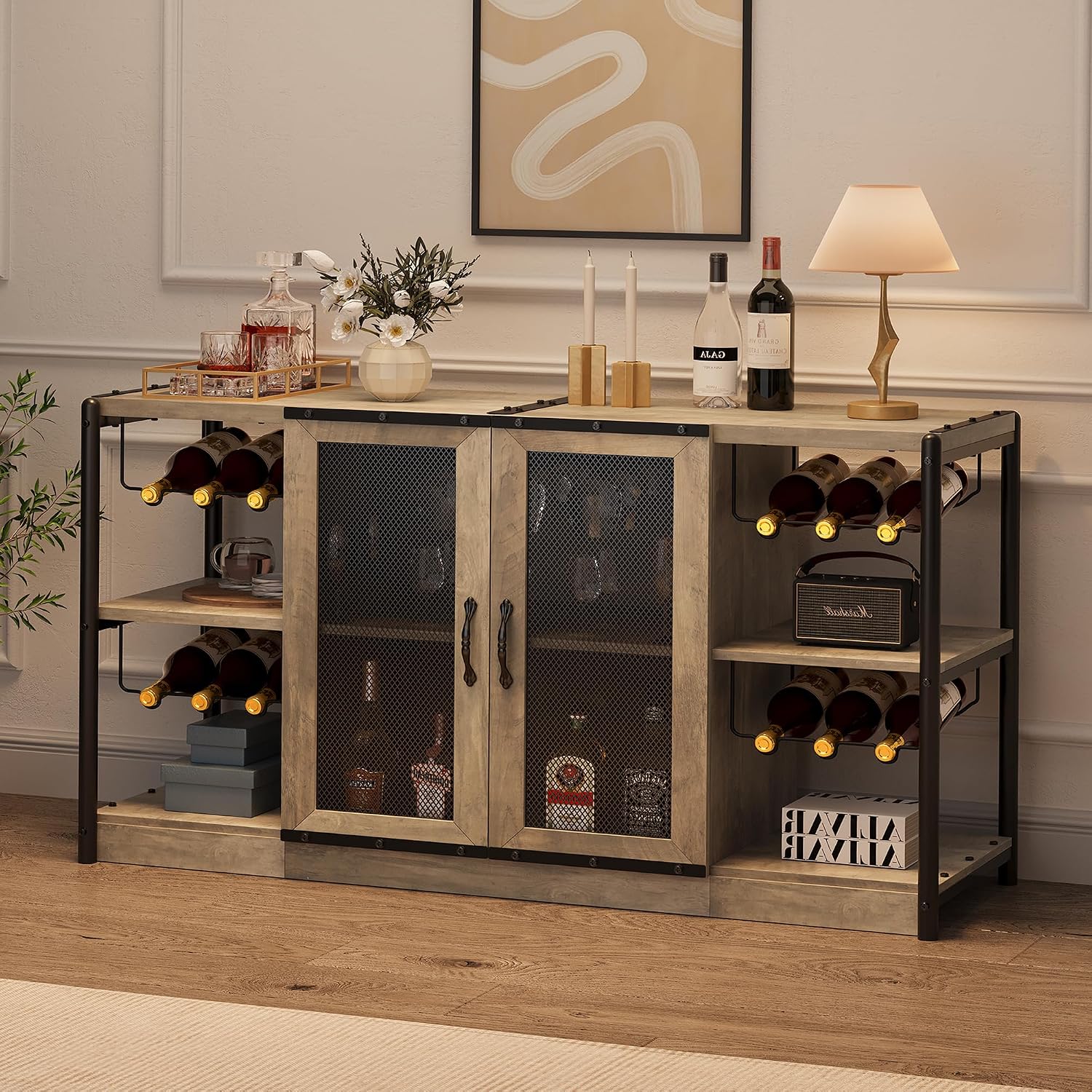 GAOMON Wine Bar Cabinet, Liquor Cabinet for Liquor and Glasses, Industrial Bars & Wine Cabinets with Storage and Wine Rack, Home Bar Furniture for Dining Room, Living Room, Kitchen (Grey)