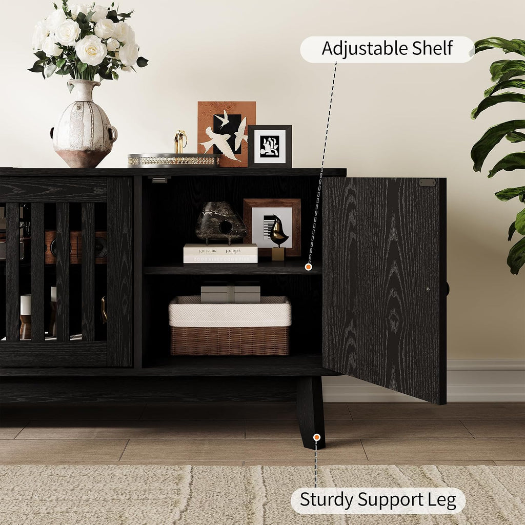 GarveeHome Mid Century Modern TV Stand, 63'' TV Stands for Living Room with Power Output and Adjustable Shelves, Entertainment Center with Storage and 4 Grille Doors, Wooden TV Console, Black