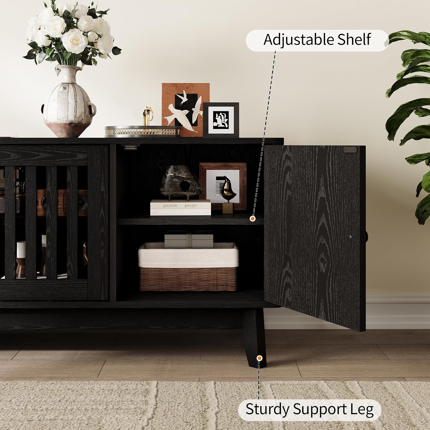 GarveeHome Mid Century Modern TV Stand, 63'' TV Stands for Living Room with Power Output and Adjustable Shelves, Entertainment Center with Storage and 4 Grille Doors, Wooden TV Console, Black