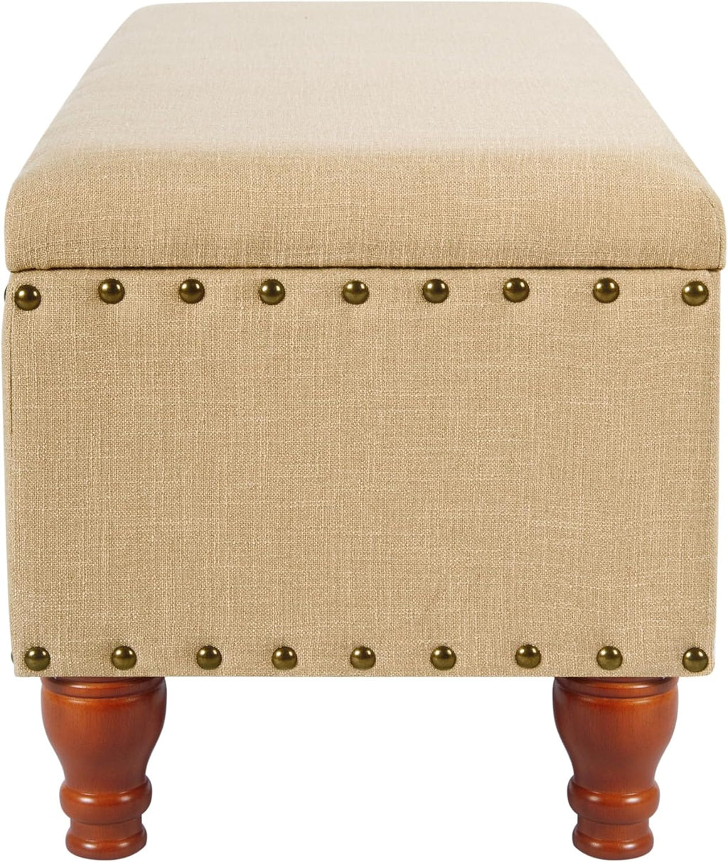 Homepop Home Decor | Upholstered Bench with Nailhead Trim | Large Ottoman with Storage for Living Room & Bedroom | Decorative Home Furniture, Tan Linen