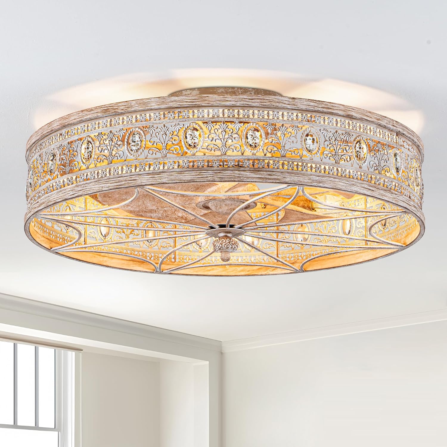 Rustic Farmhouse Caged Ceiling Fans with Lights,Vintage Fancy Antique Crystal Decorative,Bladeless Enclosed Flush Mount Low Profile Small Fandeliers for Kitchen,Bedroom
