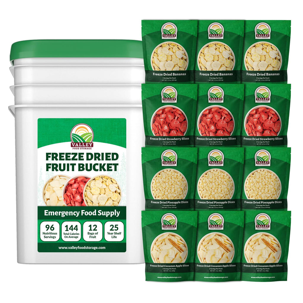 Valley Food Storage Freeze Dried Fruit Bucket | 12 Pouch Emergency Food Supply | Non-GMO Survival Food with 25 Year Shelf Life | Camping Snacks, Long Term Food Storage & Prepper Supplies | Packaged in USA