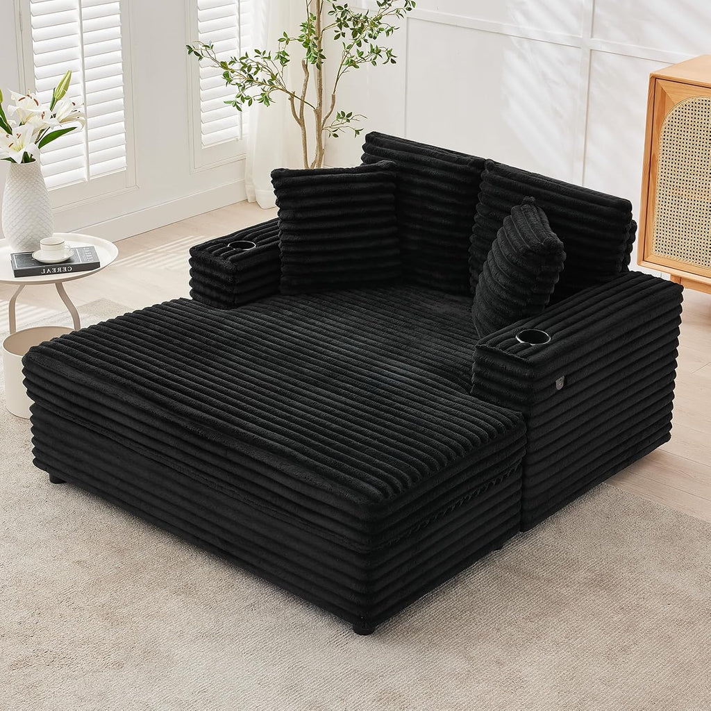 GarveeHome Oversized Chaise Lounge Chair Indoor, 56x60 in Comfortable Corduroy Lounge Sofa with Charging Ports & Cup Holders, Cozy Reading Couch for Bedroom Living Room Apartment, Black (Black)