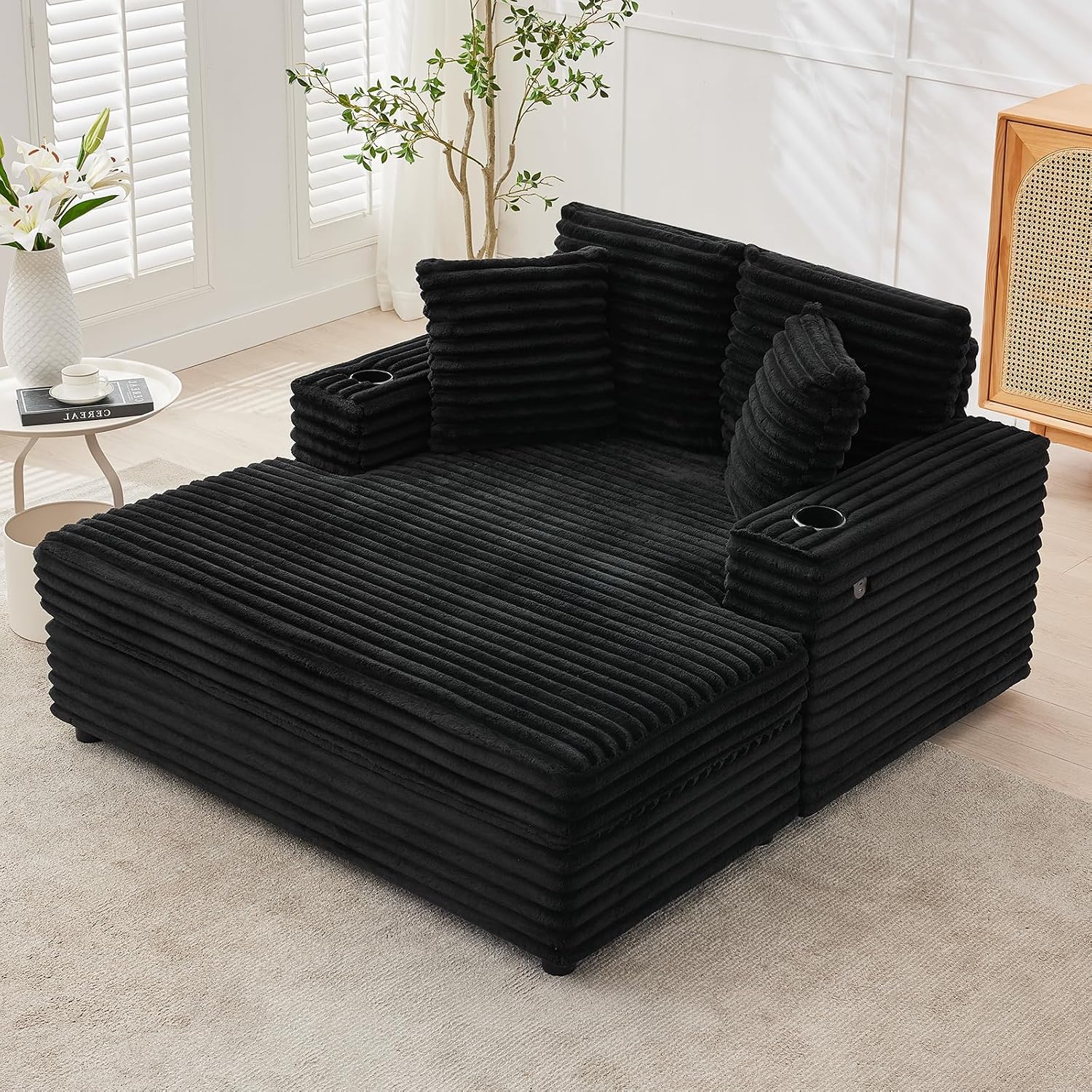 GarveeHome Oversized Chaise Lounge Chair Indoor, 56x60 in Comfortable Corduroy Lounge Sofa with Charging Ports & Cup Holders, Cozy Reading Couch for Bedroom Living Room Apartment, Black (Black)