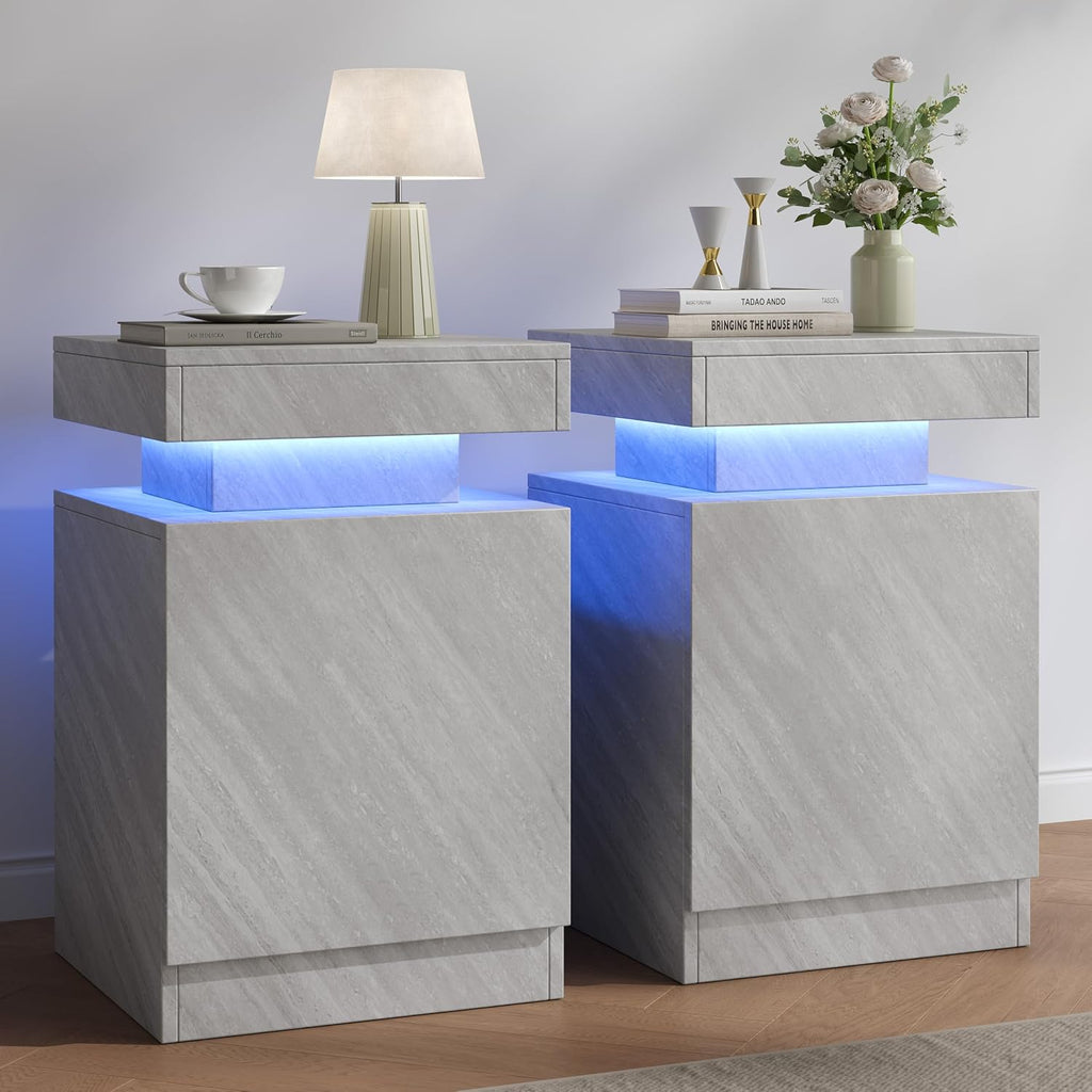 Nightstands Set 2, 15 Inches LED Night Stand Set of 2, Modern Bedside Table with LED Lights, High Gloss Surface, End Table with Storage for Bedroom, Grey