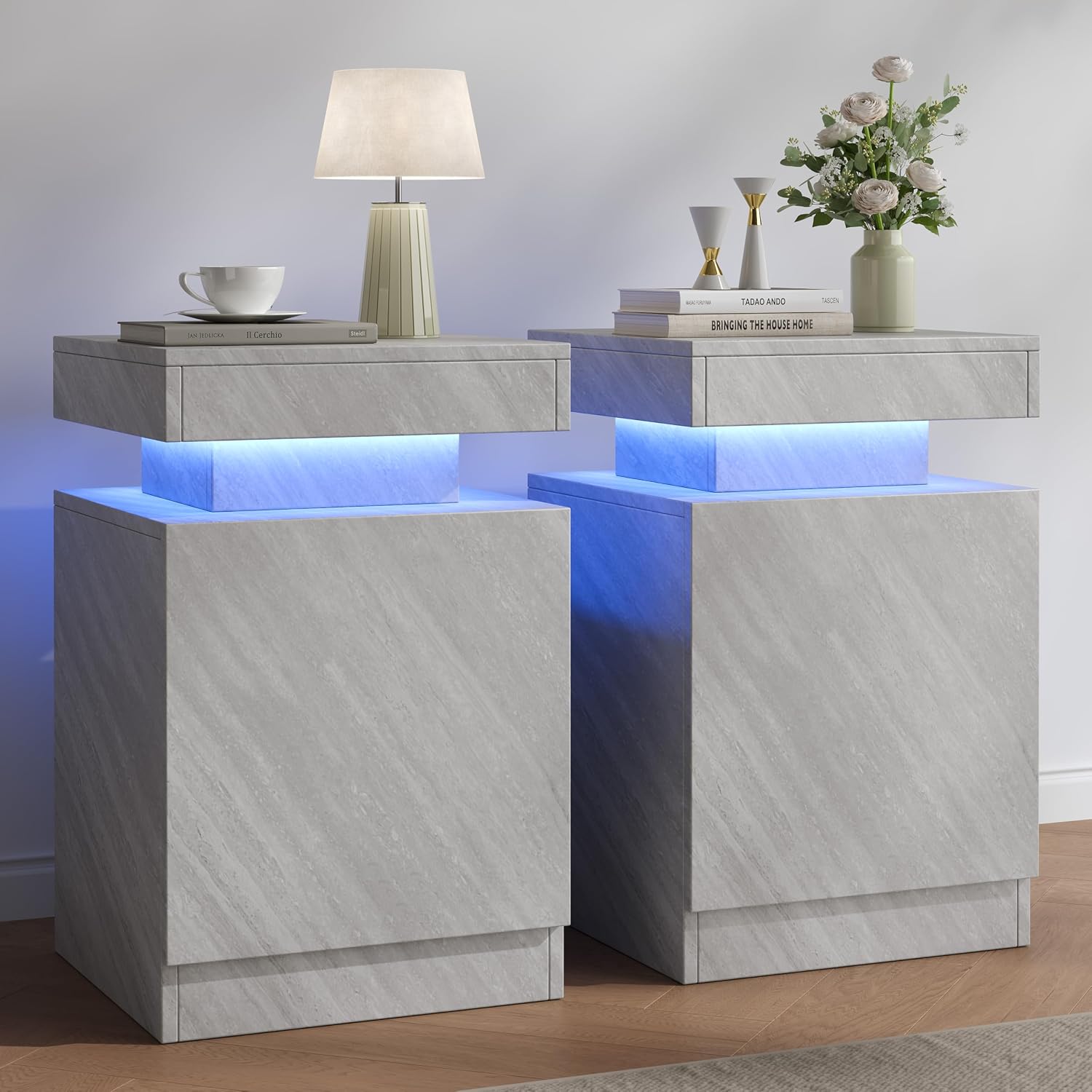 Nightstands Set 2, 15 Inches LED Night Stand Set of 2, Modern Bedside Table with LED Lights, High Gloss Surface, End Table with Storage for Bedroom, Grey