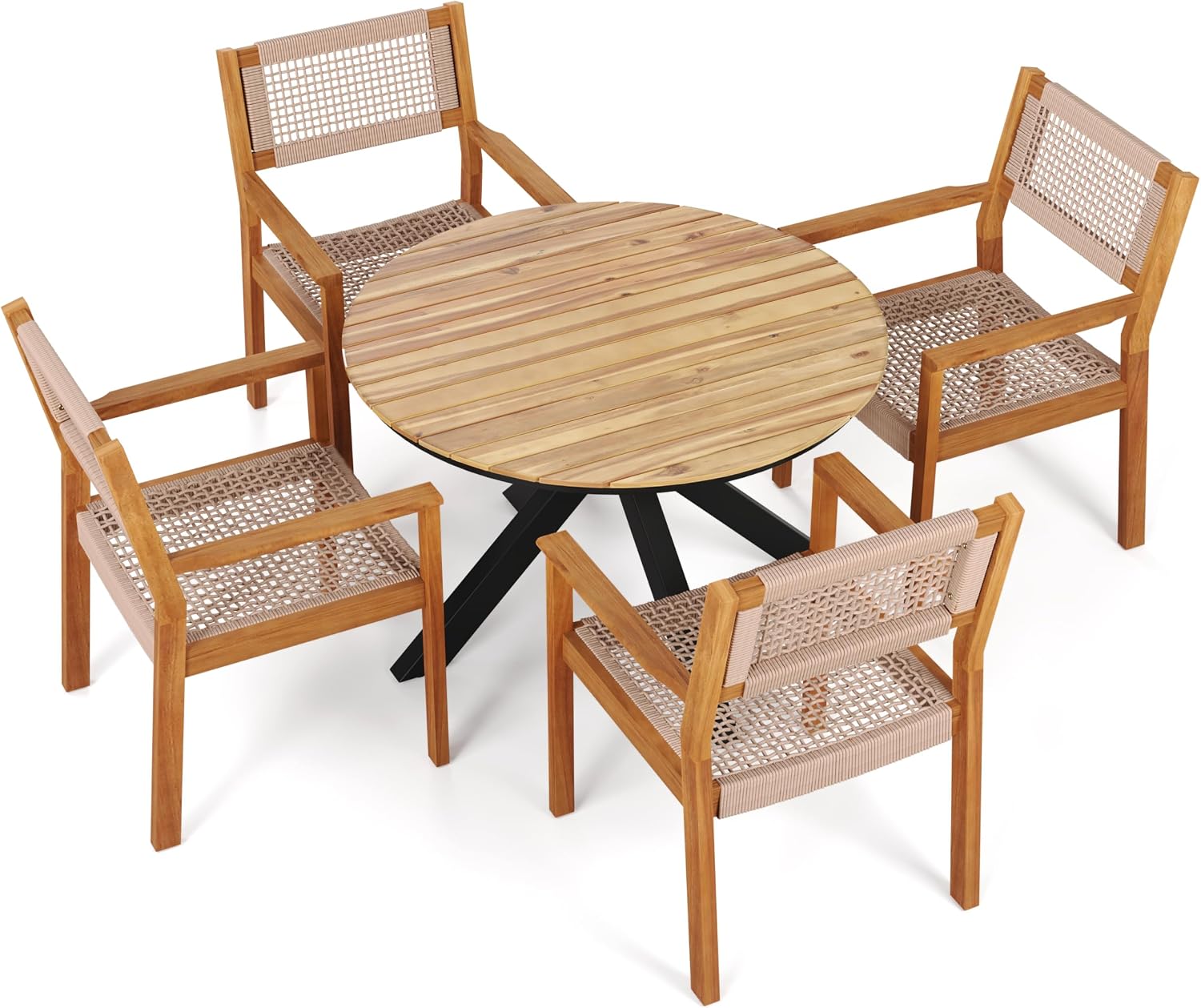 Christopher Knight Home Rlyn 5 Pieces Patio Dining Set, Rope Acacia Wood Dining Chair, Woven Armchairs, Round Wood Table for 4, Outdoor Table and Chair for Garden, Backyard, Poolside, Light Brown+Teak