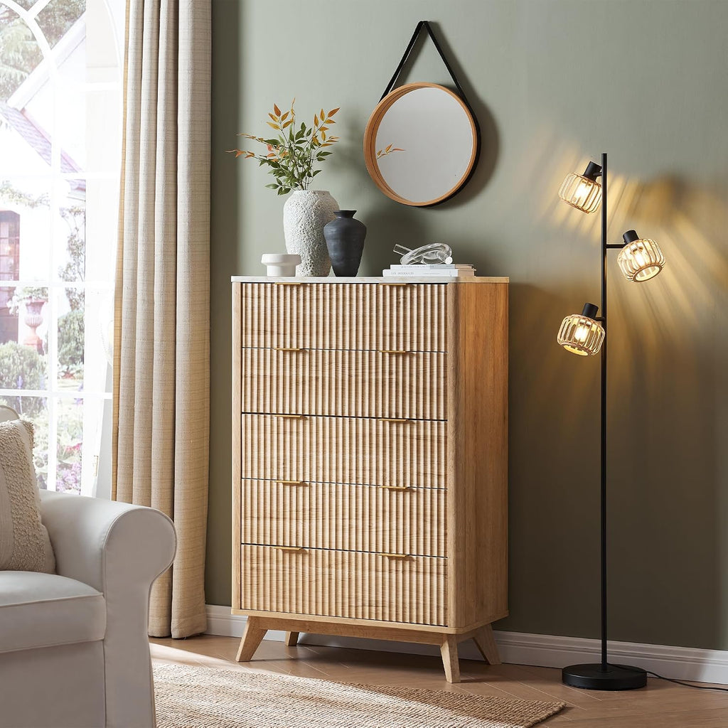 T4TREAM Fluted 5 Drawers Dresser, 48' Tall Modern Chest of Drawers with Faux Marble Top, Curved Profile Design, Wood Drawer Organizer for Bedroom, Living Room, Hallway, Entryway, Natural Oak