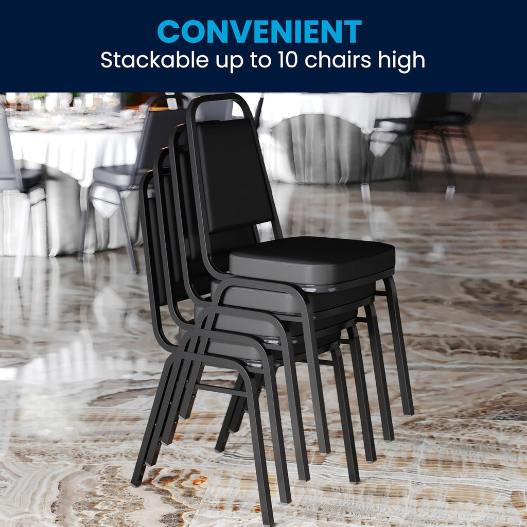 Flash Furniture Hercules Set of 4 Trapezoidal Vinyl Stacking Chairs, Commercial Stackable Chairs with Padded Seats and Backs, Black
