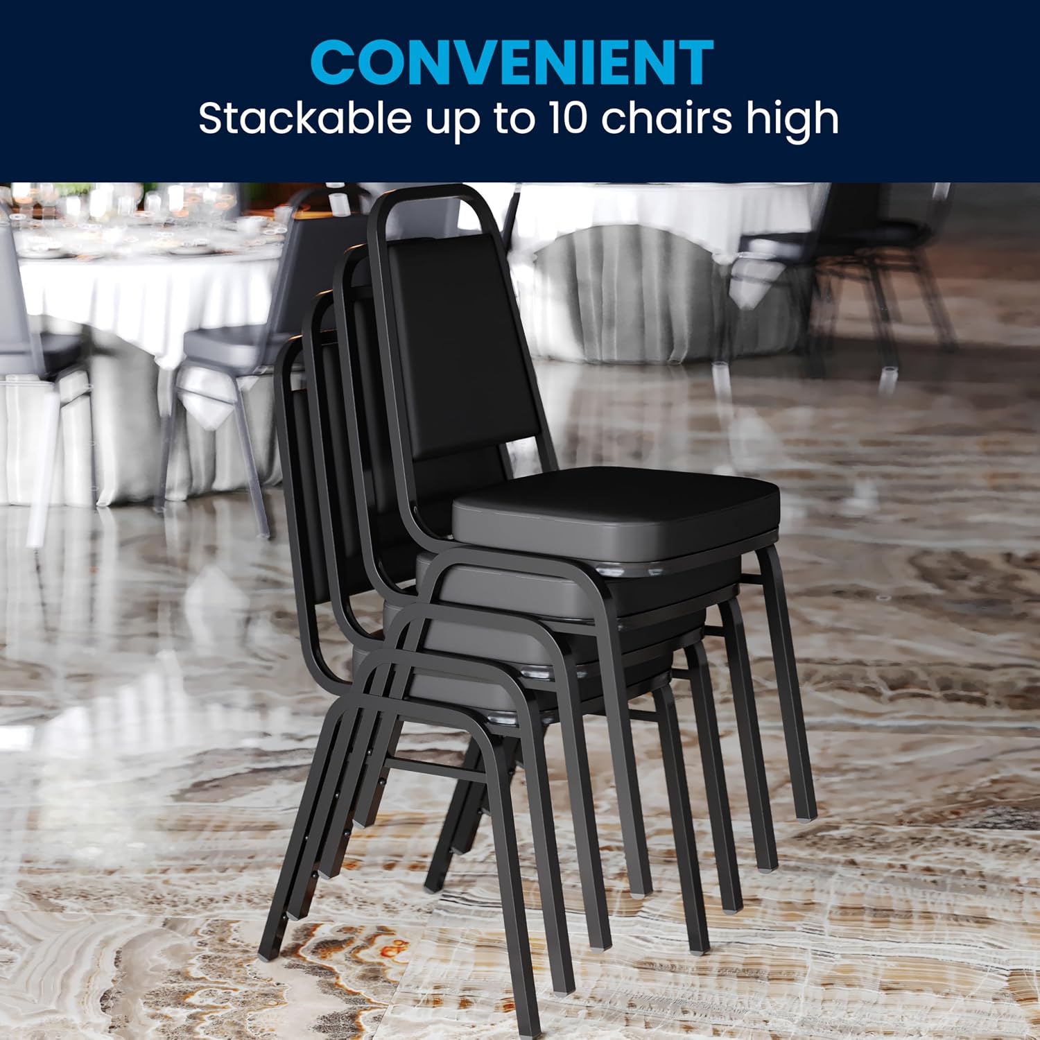 Flash Furniture Hercules Set of 4 Trapezoidal Vinyl Stacking Chairs, Commercial Stackable Chairs with Padded Seats and Backs, Black