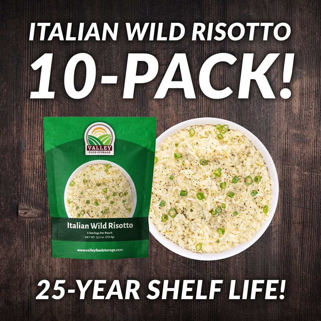 Valley Food Storage Italian Wild Risotto | 10-Bag Bucket, 50 Servings | Premium Emergency Food Supply, 25 Year Shelf Life | Survival Meal Kits, Prepper Food, Camping & Off-Grid Living | Packaged in USA