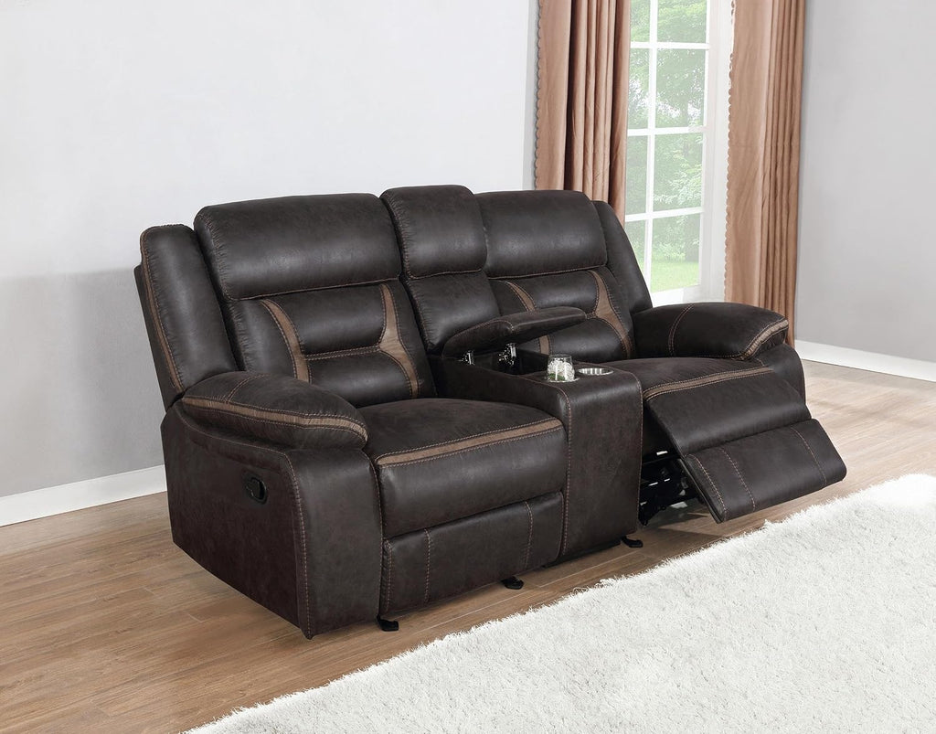 Coaster Home Furnishings - Greer - Faux Leather Upholstered Motion Reclining Loveseat with Console, Lift-Top Container, and Built-in Cupholders - Living Room & Home Theater - Brown - 651355