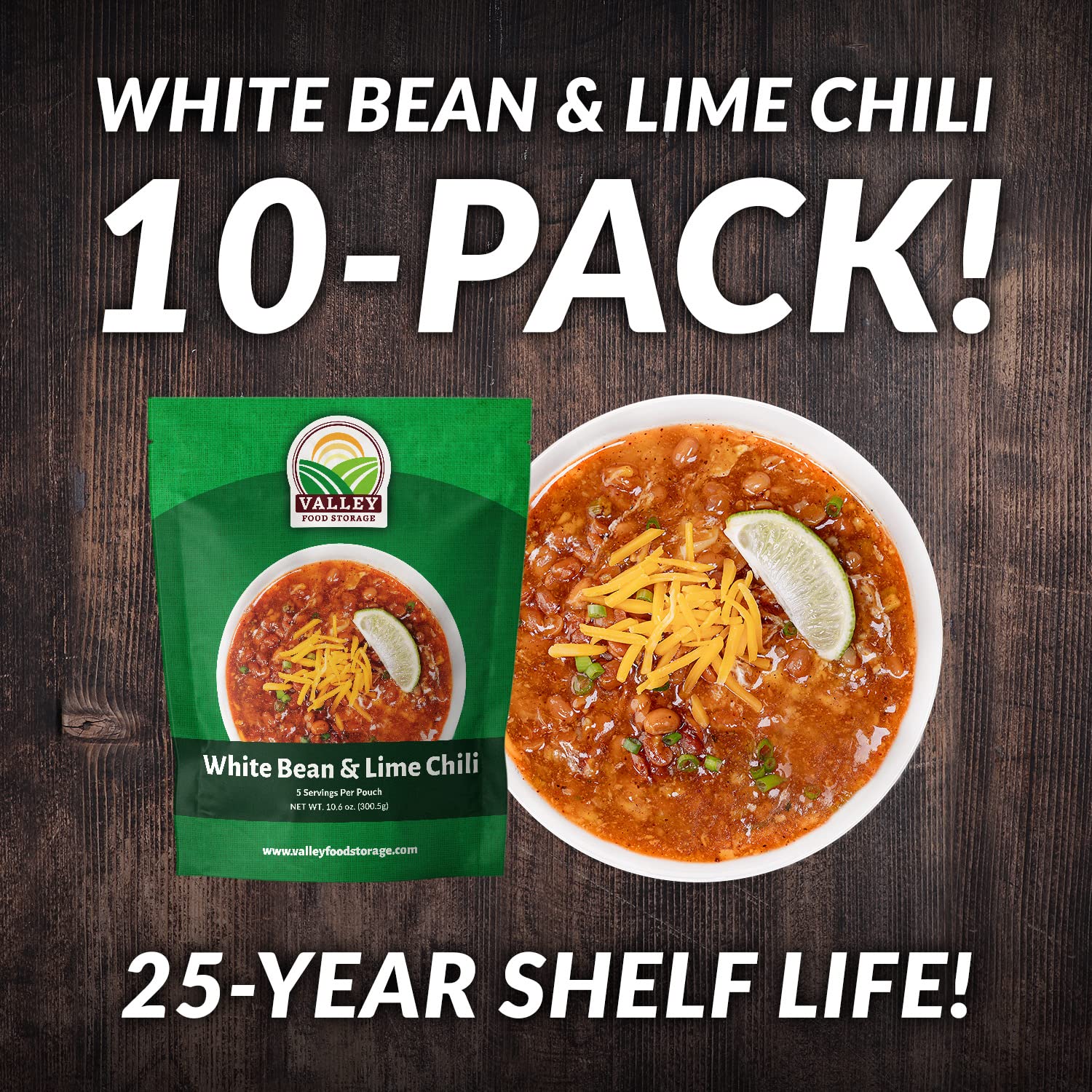 Valley Food Storage White Bean & Lime Chili | 10-Bag Bucket, 50 Servings | Premium Emergency Food Supply, 25 Year Shelf Life | Survival Meal Kits, Prepper Food & Off-Grid Living Supplies, Packaged in USA