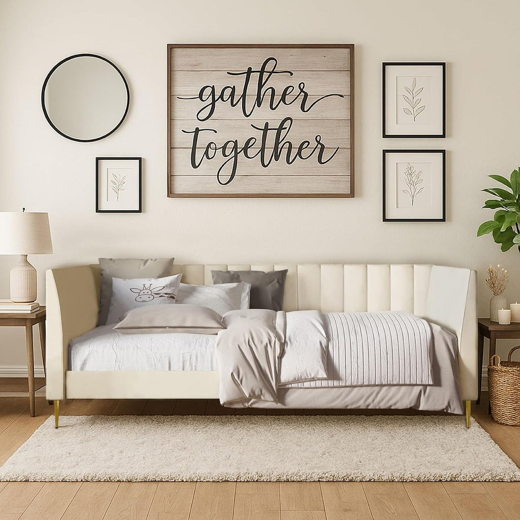 HOME DESIGN Dayton Twin Upholstered Daybed with Tuxedo Arms, Vertical Channel Tufting, Plush Velvet Cushions, and Gold Metal Legs, Beige