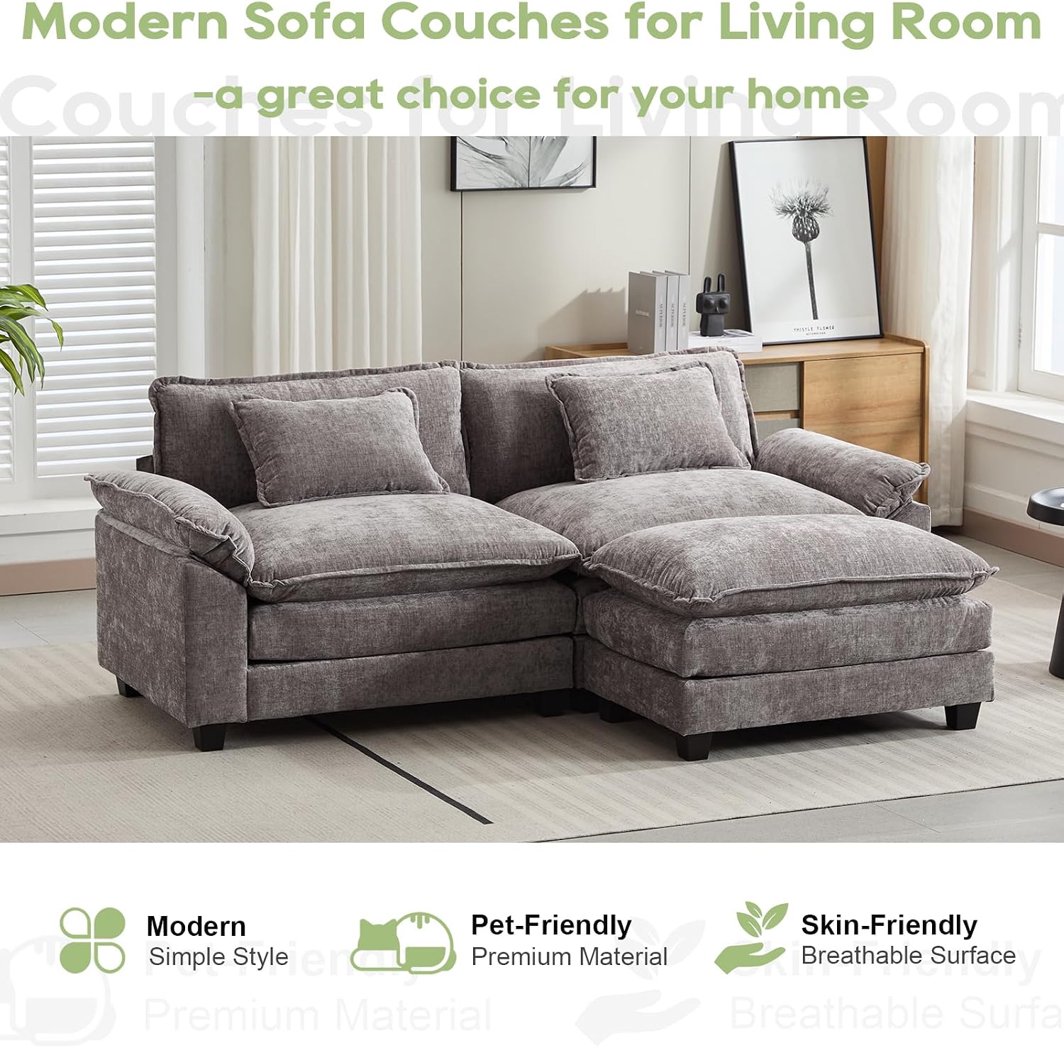 Oprisen 86' Modular Sectional Sofa, Comfy Cloud Couch Sectional Sofa with Ottoman, Chenille Sofa Sleeper Deep Seat Sofa with Throw Pillows for Living Room (Light Gray, 86'- L Shape)