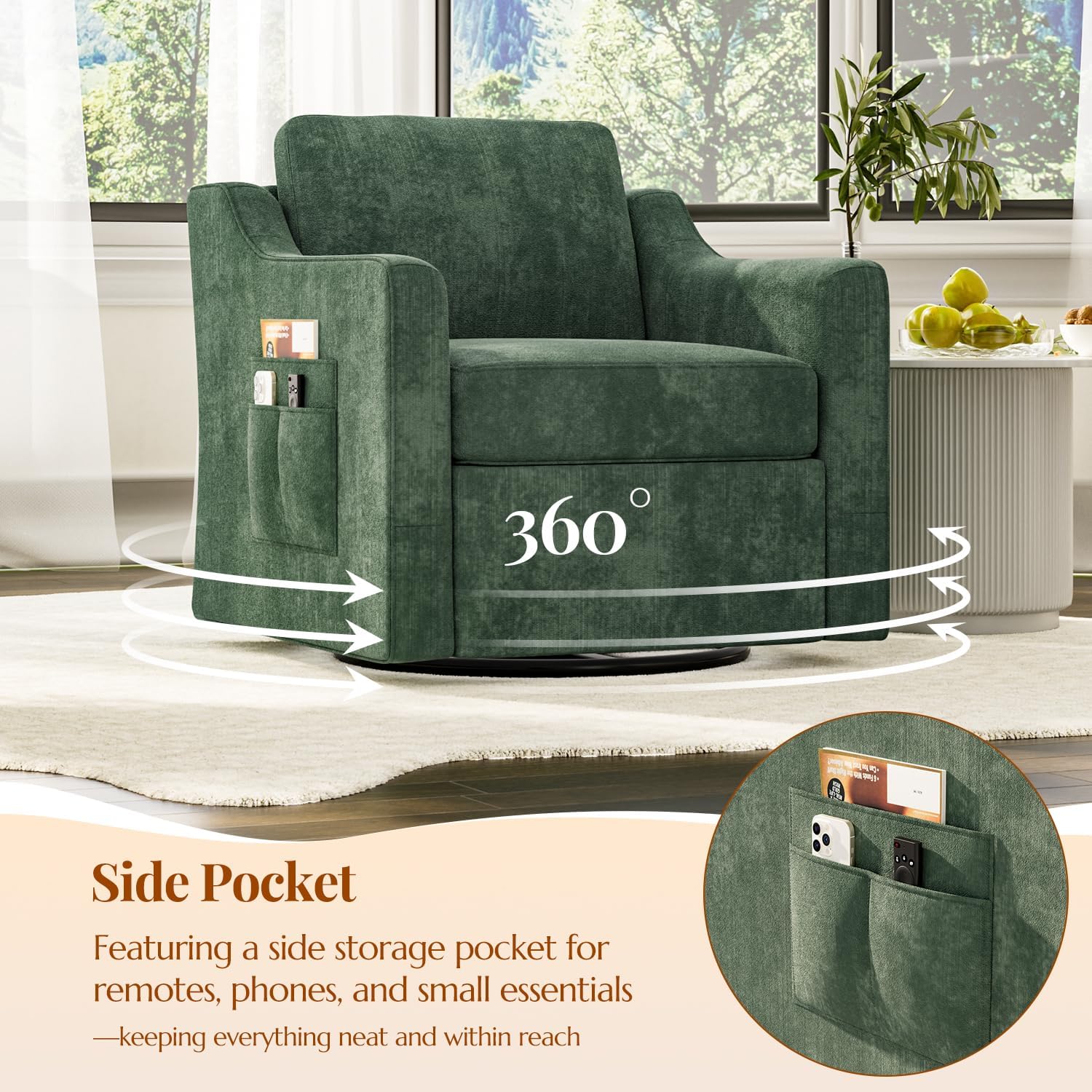360° Swivel Accent Chair, Large Comfy Reading Chair, Square Single-Seat Armchair Upholstered Sofa with Fabric Material for Reading, Nursery, Living Room, Bedroom, Lounge, Hotel, Green