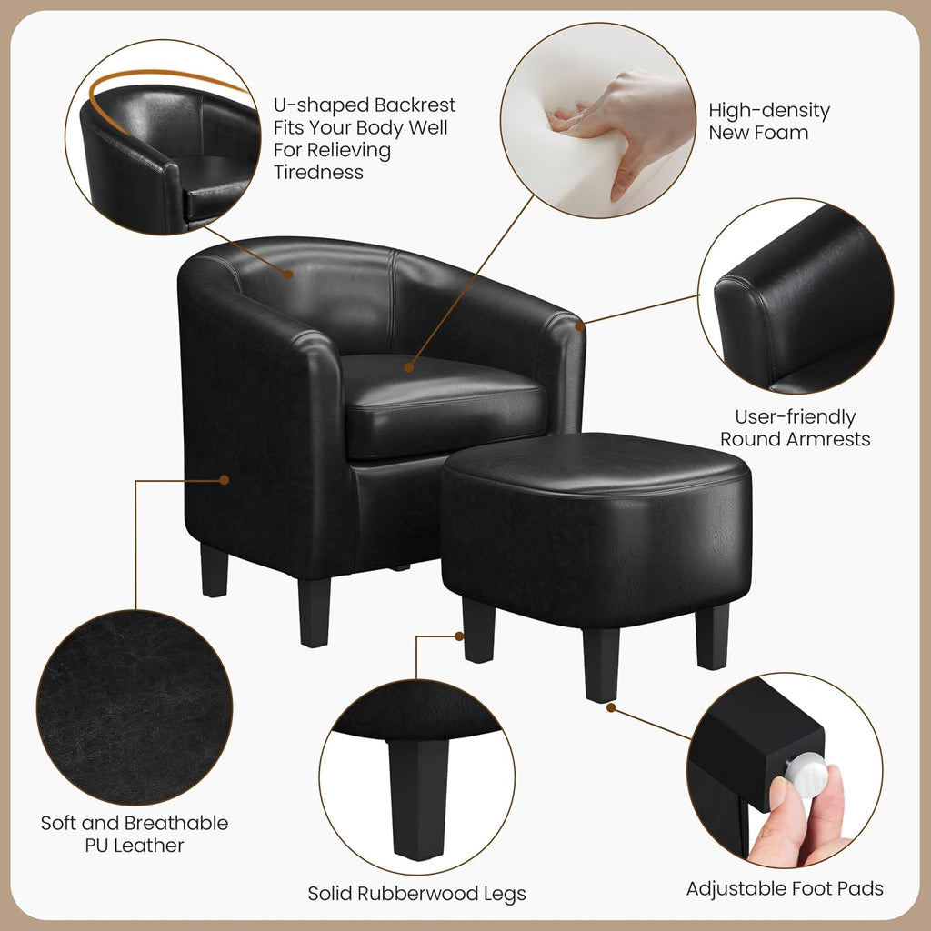 Yaheetech Barrel Chair with Ottoman Set, Faux Leather Accent Chair with Soft Padded and Sturdy Legs for Living Room/Bedroom/Study/Waiting Room, Black