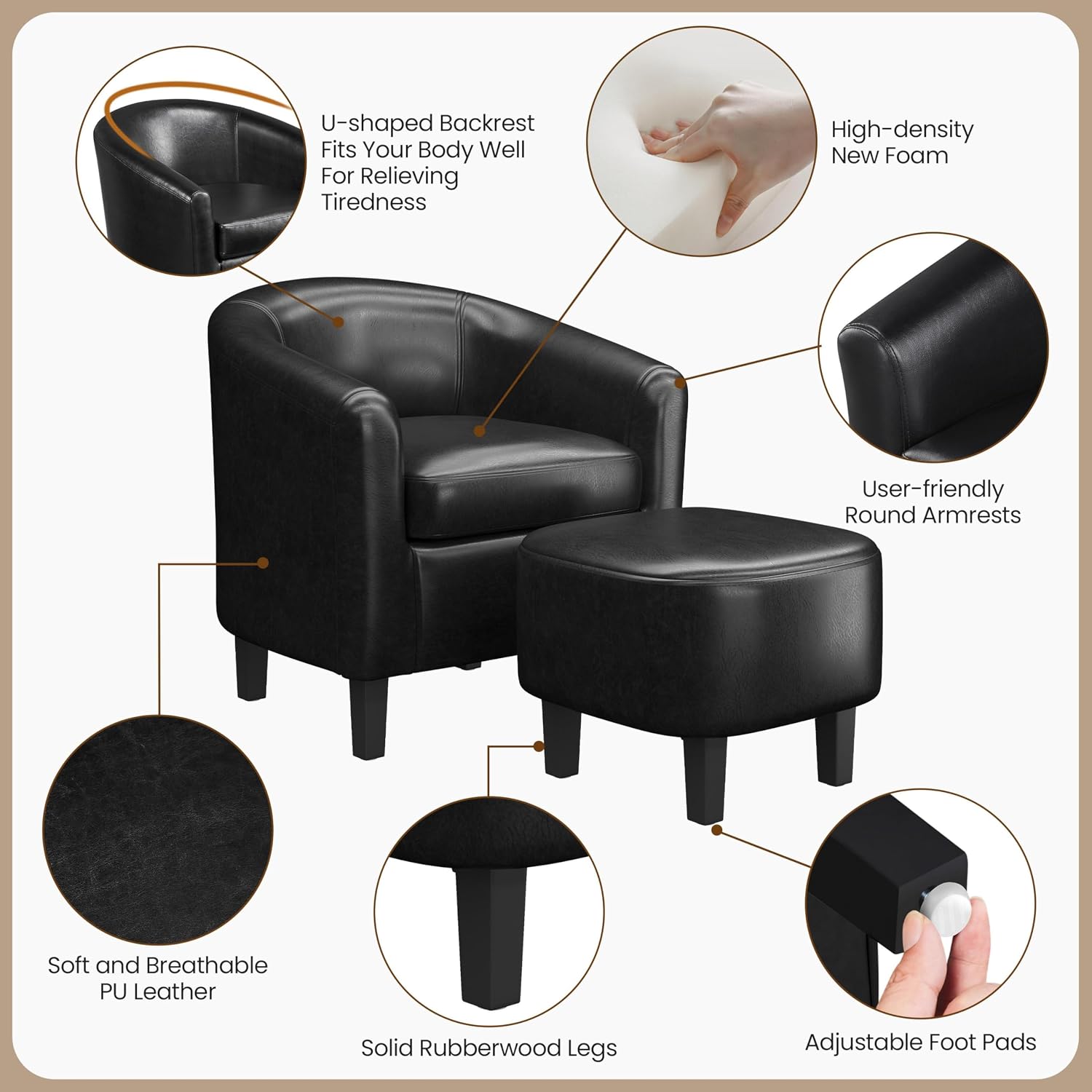 Yaheetech Barrel Chair with Ottoman Set, Faux Leather Accent Chair with Soft Padded and Sturdy Legs for Living Room/Bedroom/Study/Waiting Room, Black
