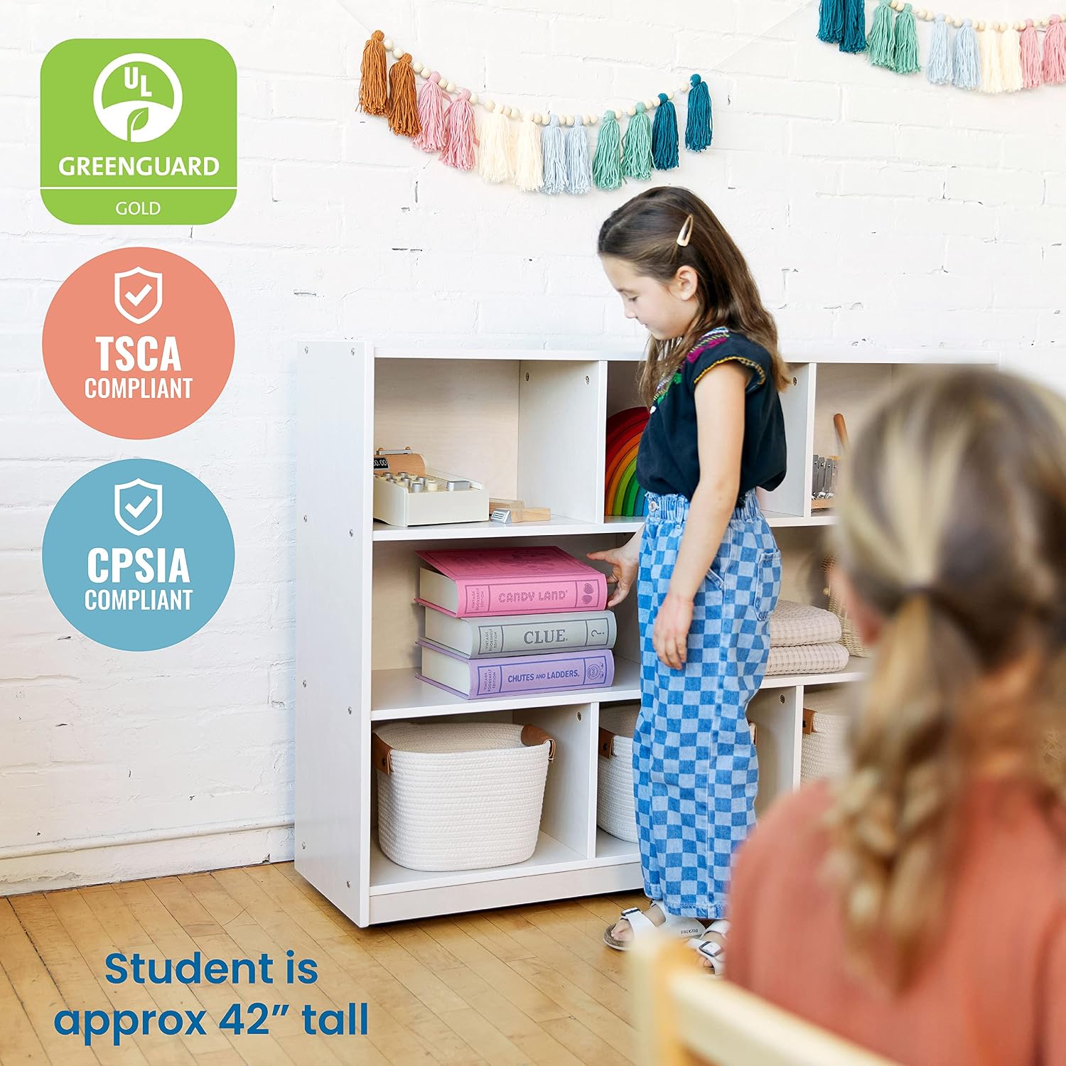 ECR4Kids 8-Compartment Mobile Storage Cabinet, Elementary, Classroom Furniture, White Wash